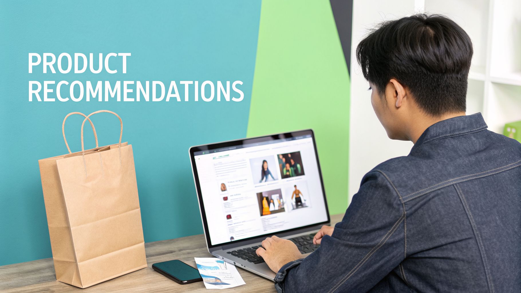 A person viewing product recommendations on a laptop screen, with a shopping bag and smartphone on the wooden desk.