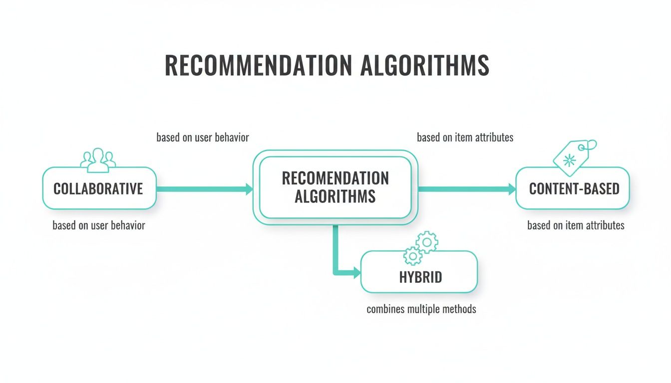 Flowchart illustrating three types of recommendation algorithms: collaborative, content-based, and hybrid methods.