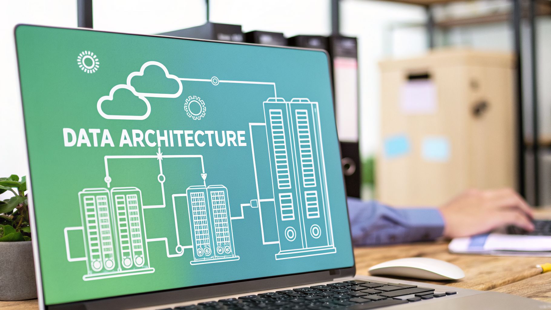 Close-up of a laptop screen showing a 'DATA ARCHITECTURE' diagram with cloud and server icons.