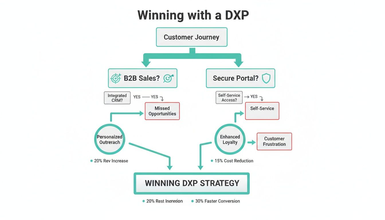 Flowchart illustrating a winning DXP strategy, showing benefits for B2B sales and secure portals.