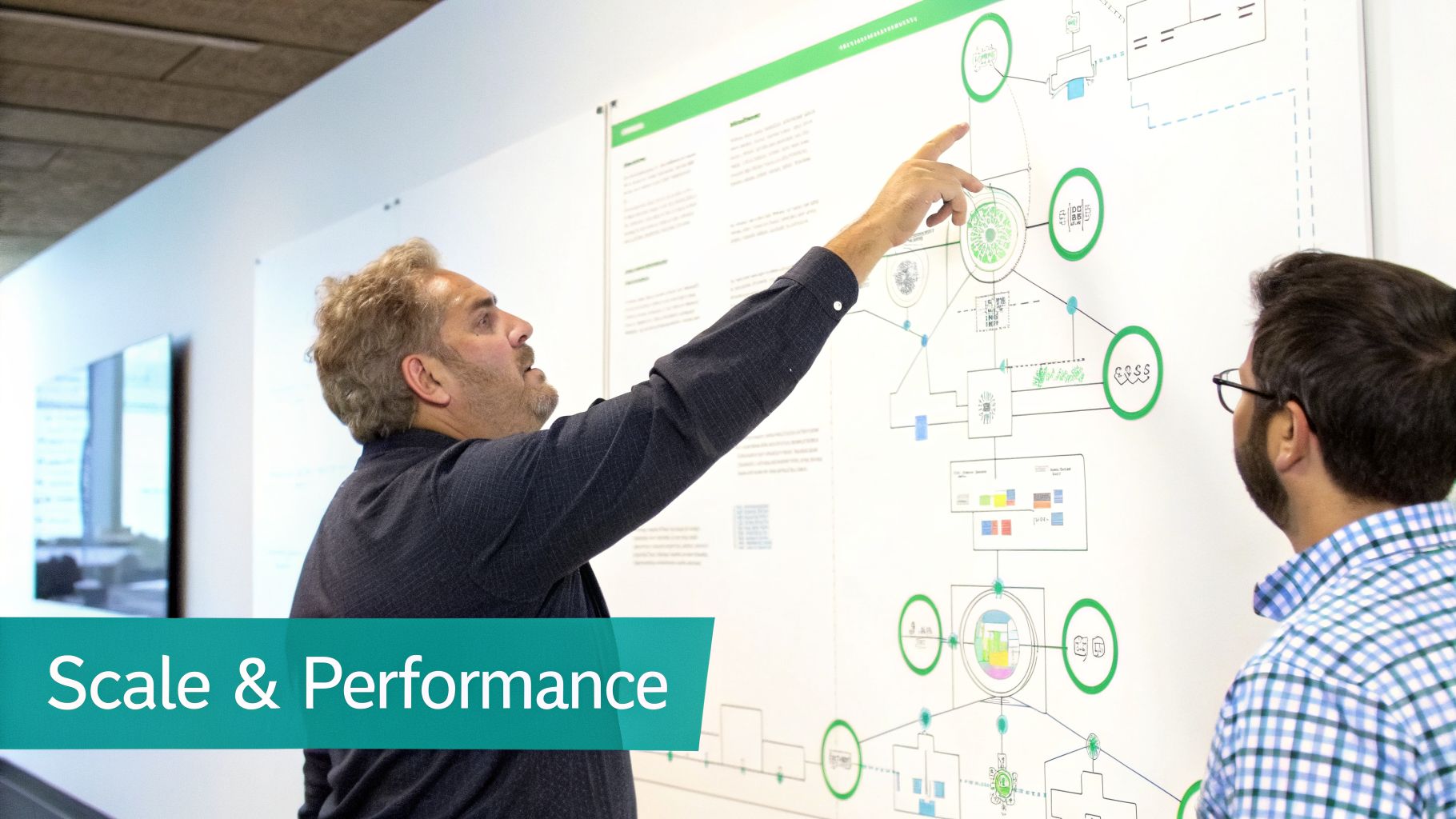 Two men discussing a complex technical diagram on a large whiteboard about 'Scale & Performance'.
