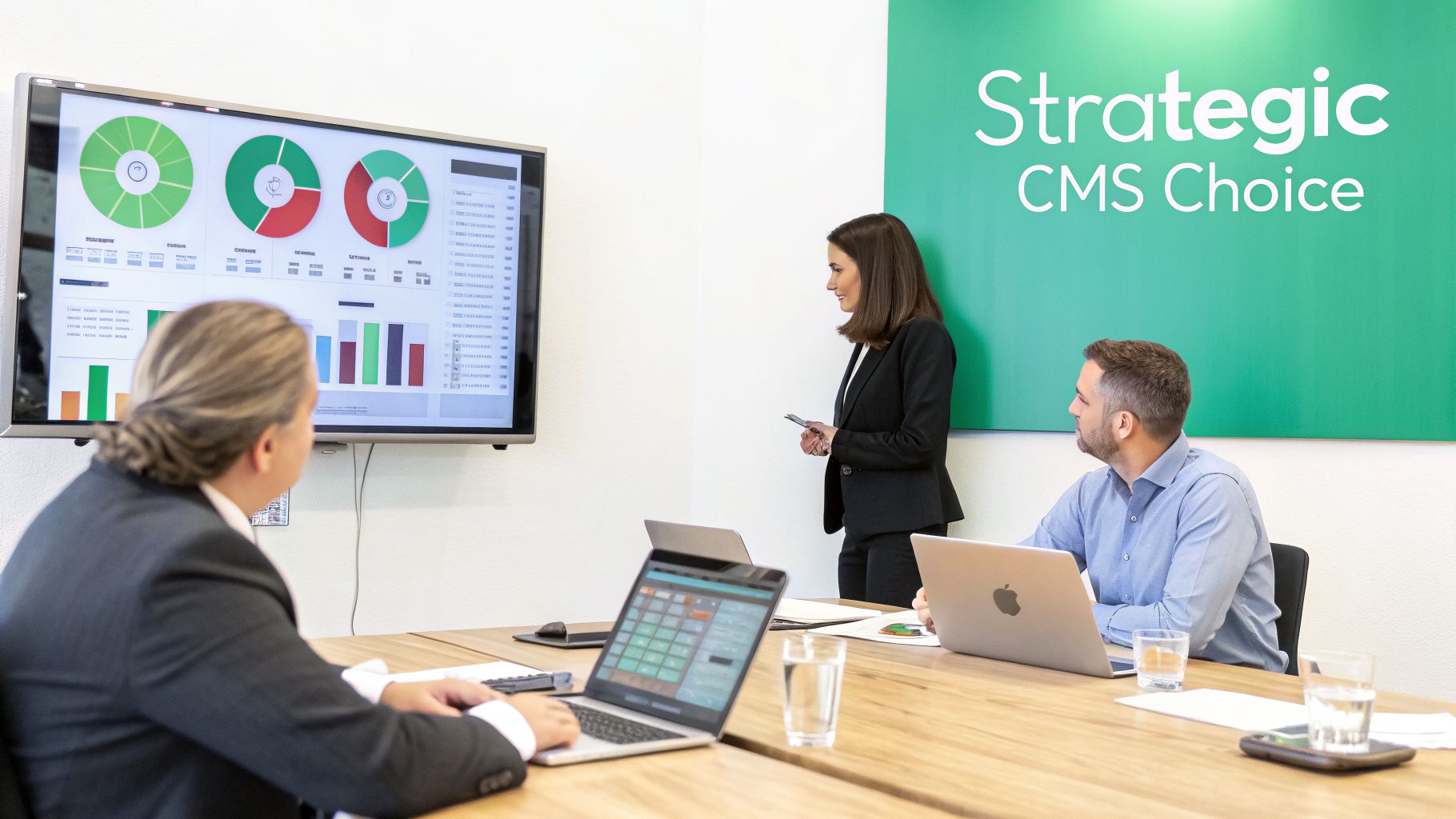 Business team in a meeting room, discussing data displayed on a screen for strategic CMS choice.