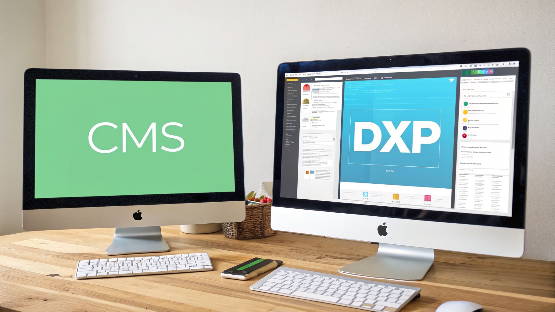 Two iMac computers on a wooden desk, one displaying CMS, the other DXP software.