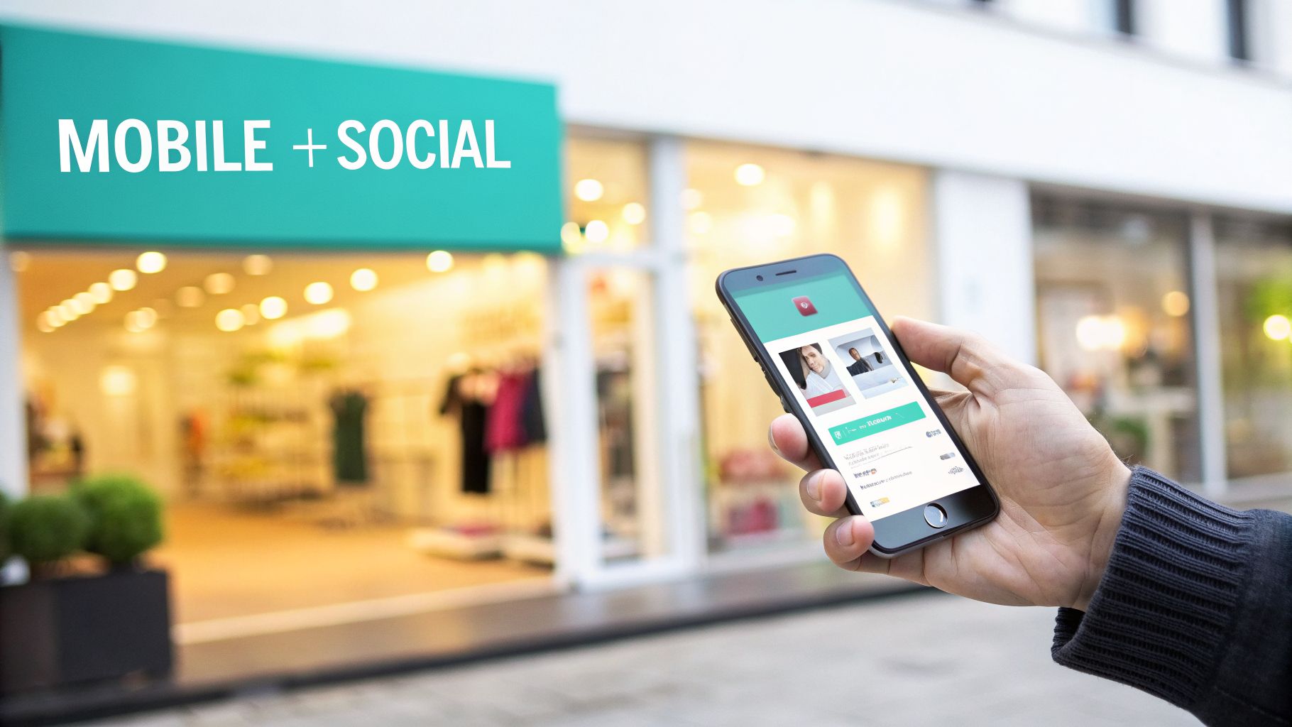 A hand holds a smartphone displaying a social media app in front of a store with a 'MOBILE + SOCIAL' sign.