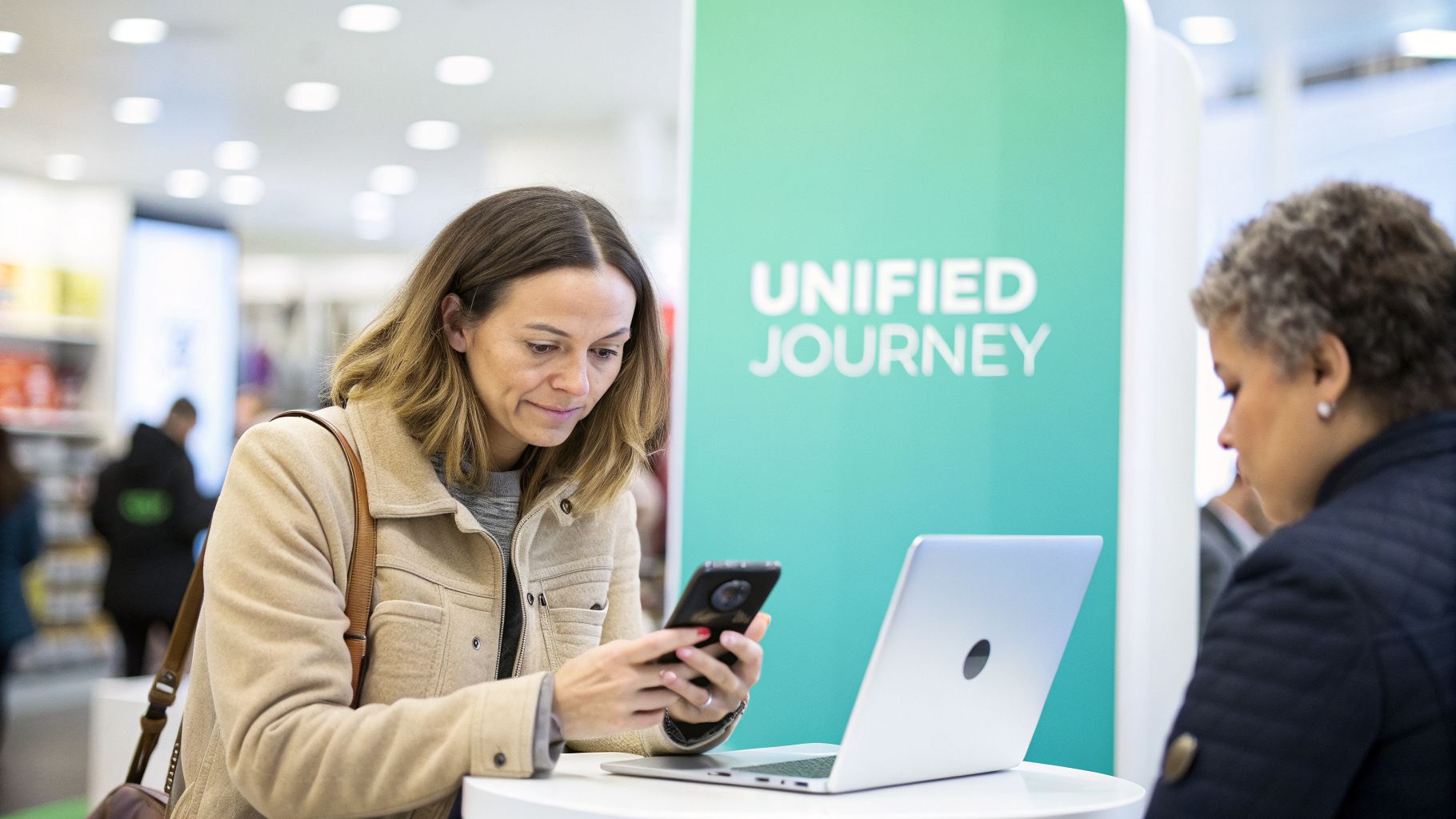 A woman engages with her smartphone while a laptop sits open, embodying a unified customer journey.