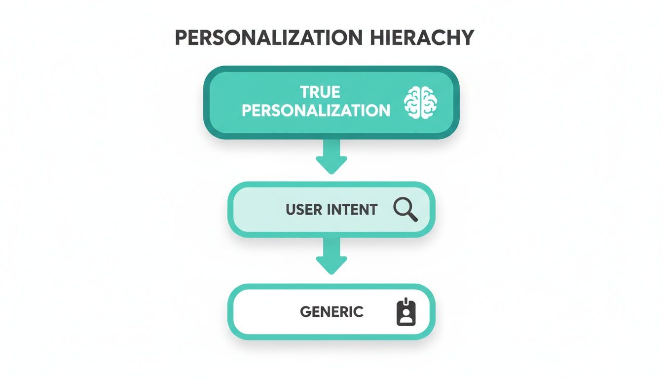 A personalization hierarchy diagram illustrating three levels: True Personalization, User Intent, and Generic.