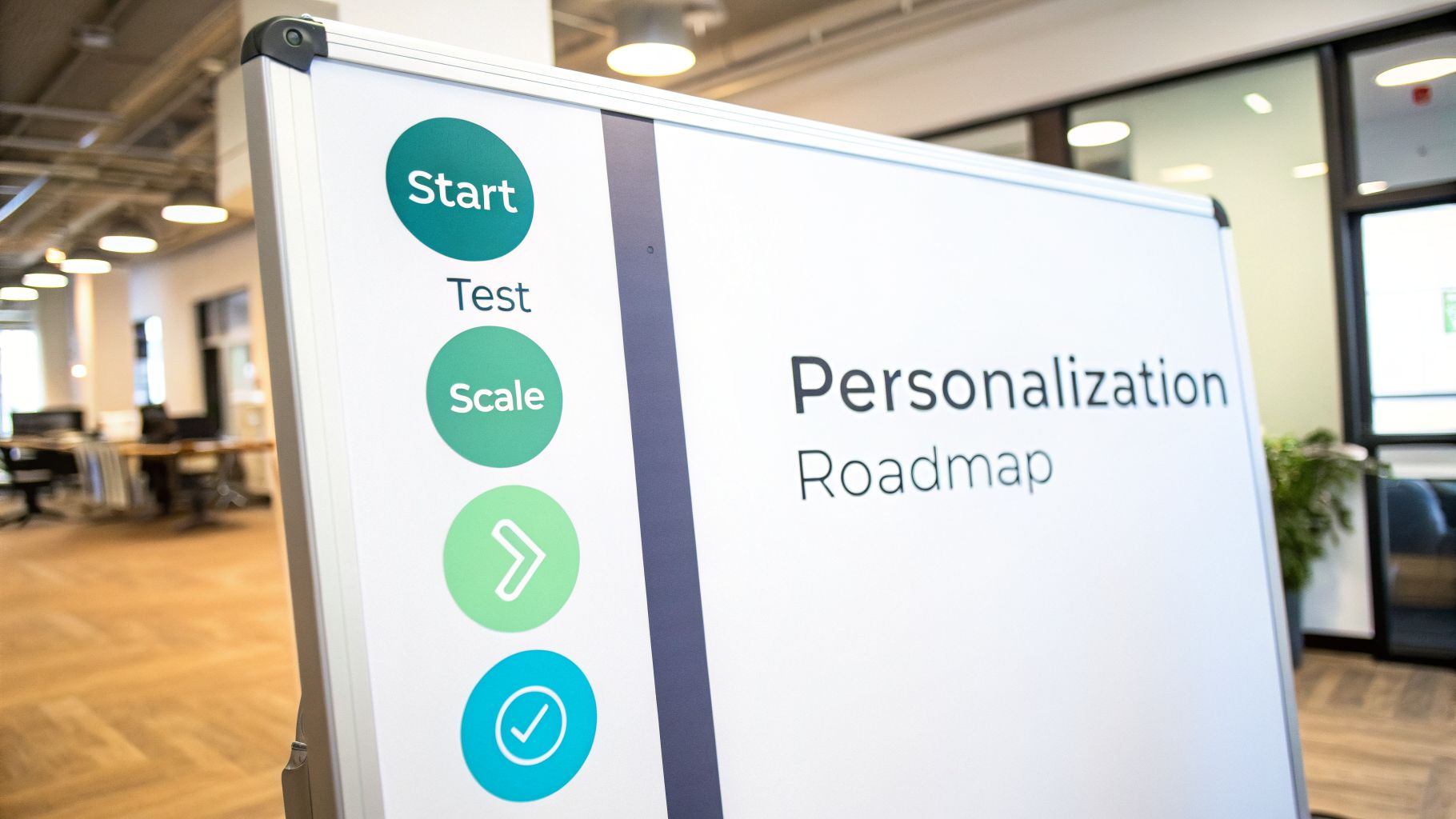 A whiteboard displays a 'Personalization Roadmap' with steps: Start, Test, Scale, and next steps shown with icons.