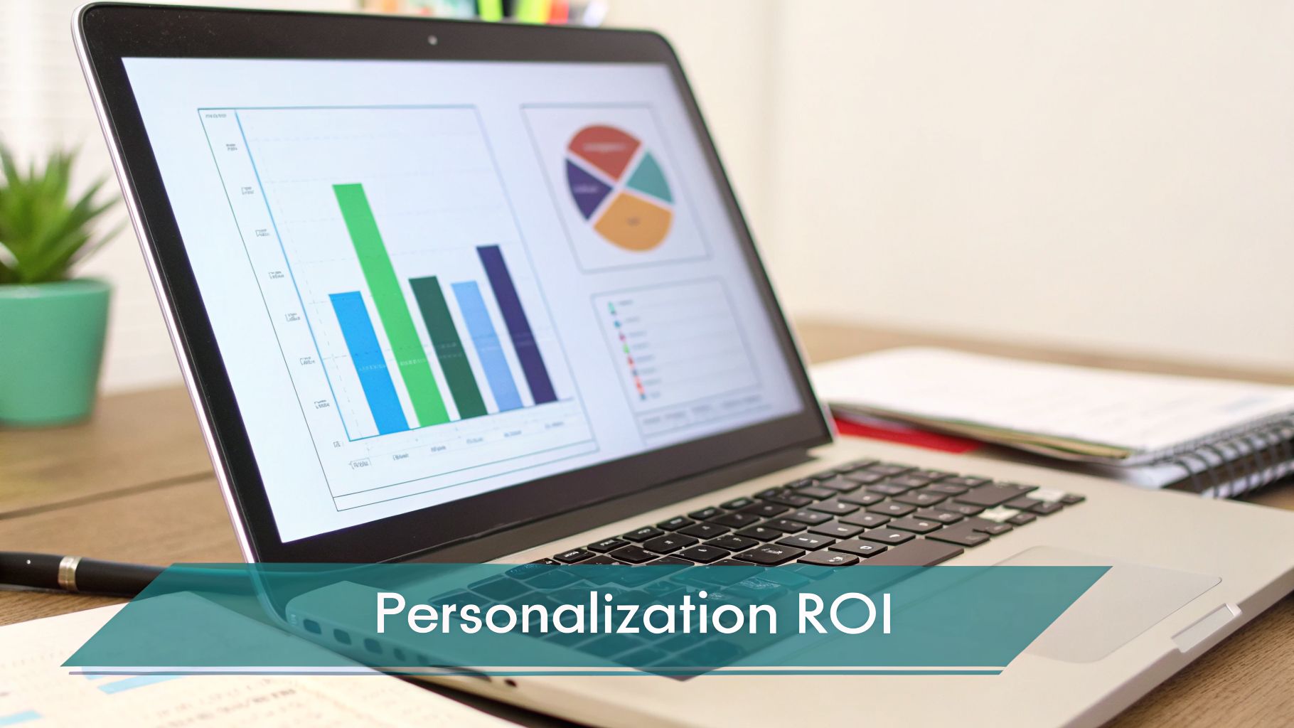 A laptop displays data visualizations and a 'Personalization ROI' text overlay on a desk.