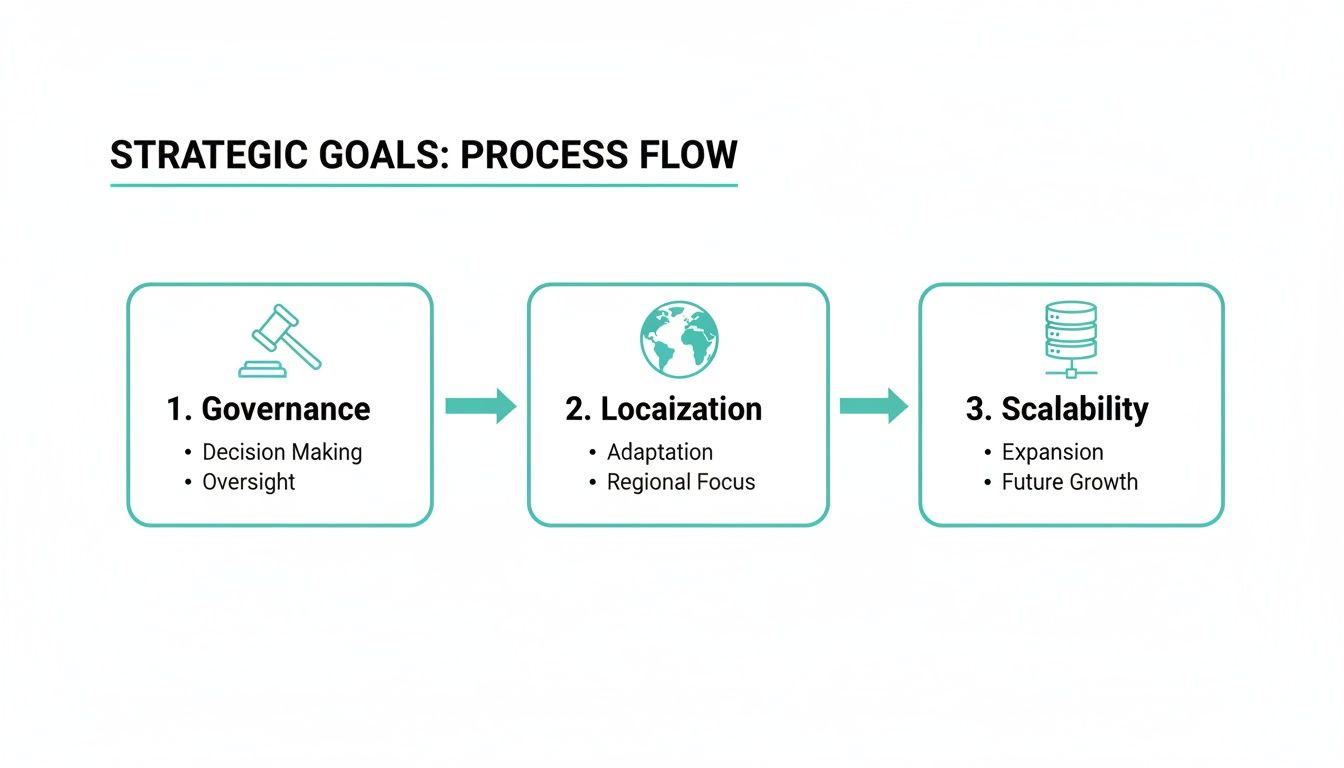 A process flow diagram outlines strategic goals: Governance, Localization, and Scalability, each with key details.
