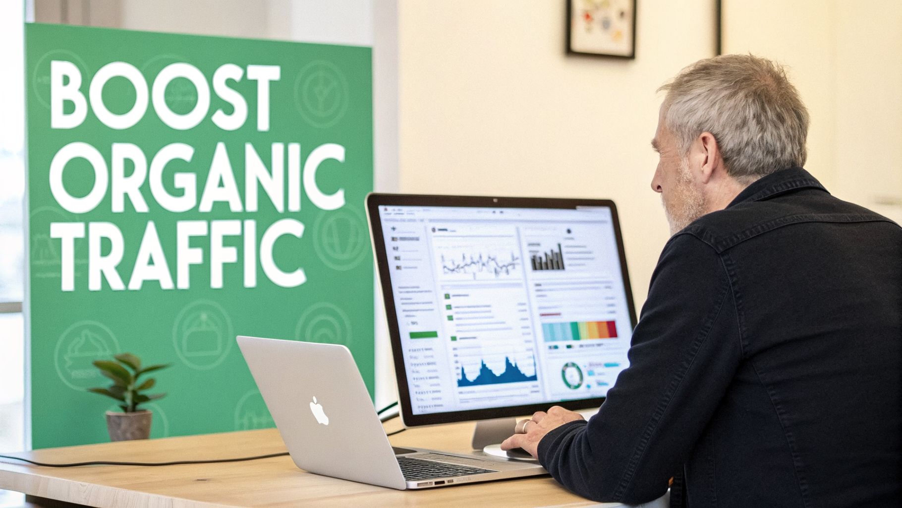 A man analyzing website traffic data on a computer with a 'Boost Organic Traffic' sign.