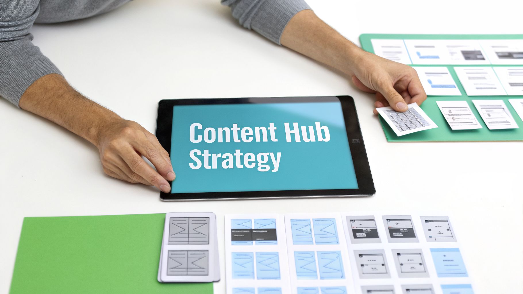 Hands interacting with a tablet displaying 'Content Hub Strategy' and paper wireframes on a desk.