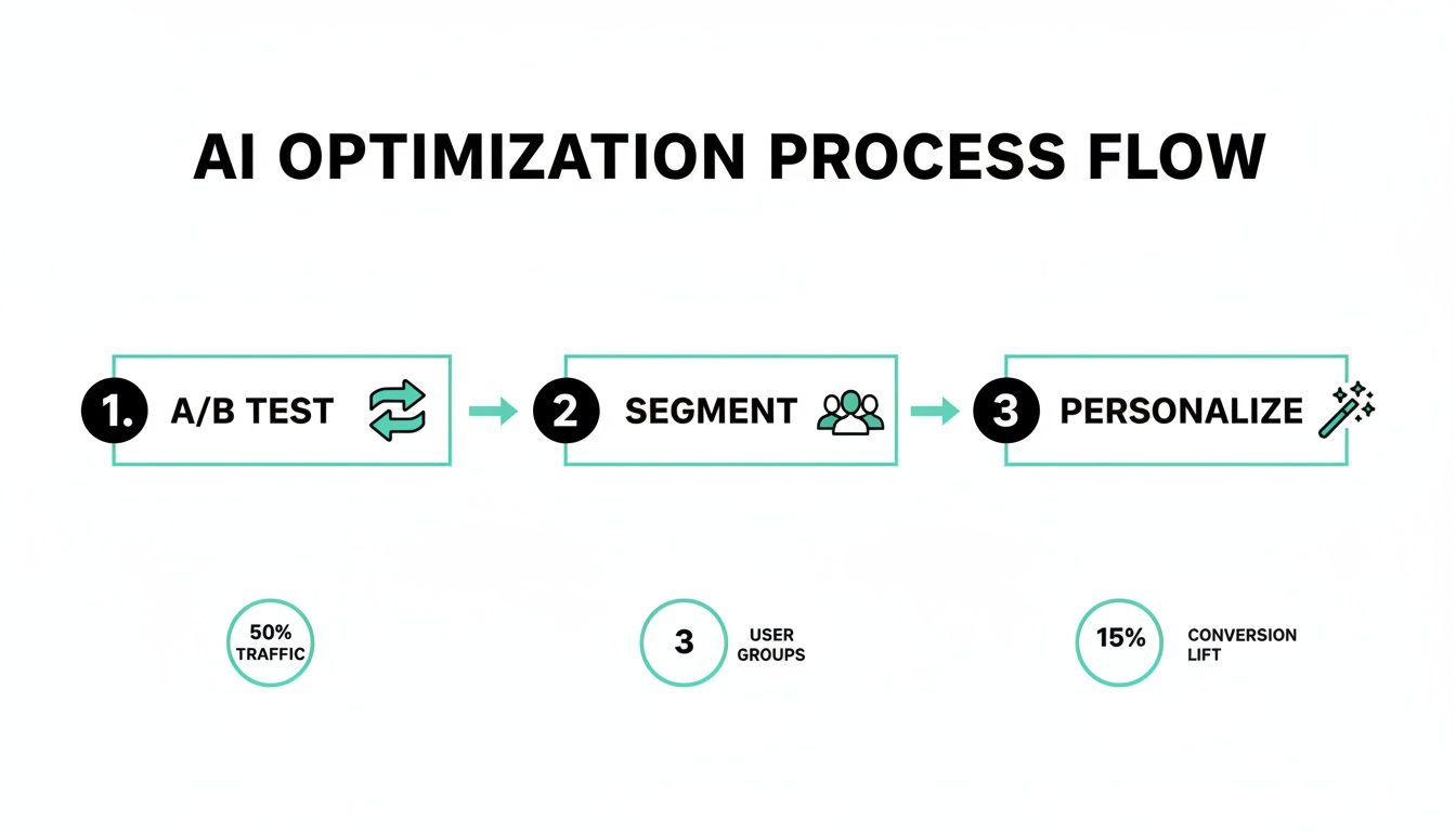 Flowchart showing AI optimization process with three steps: A/B Test, Segment, and Personalize, including key metrics.