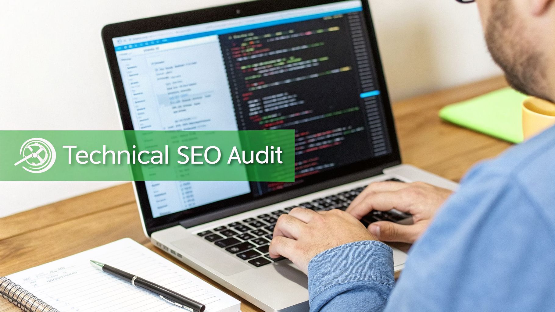 A person works on a laptop displaying code, with a banner overlay reading 'Technical SEO Audit'.