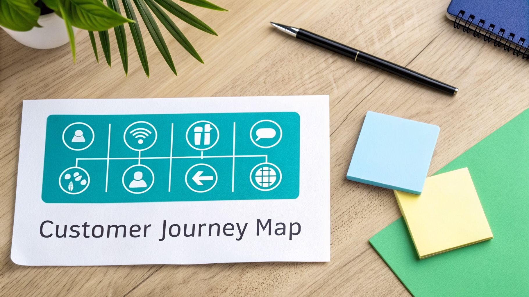 A printed customer journey map document with various icons on a wooden desk next to a pen and sticky notes.