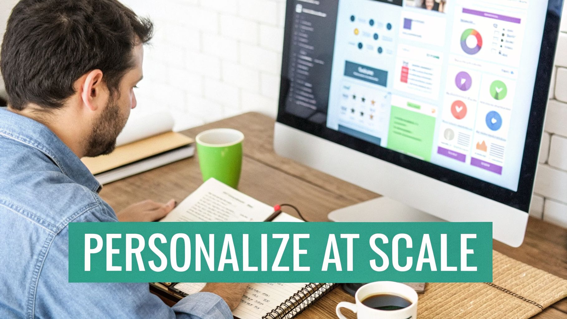 Focused man at a wooden desk with a computer showing data visualizations, a notebook, and 'PERSONALIZE AT SCALE' text.