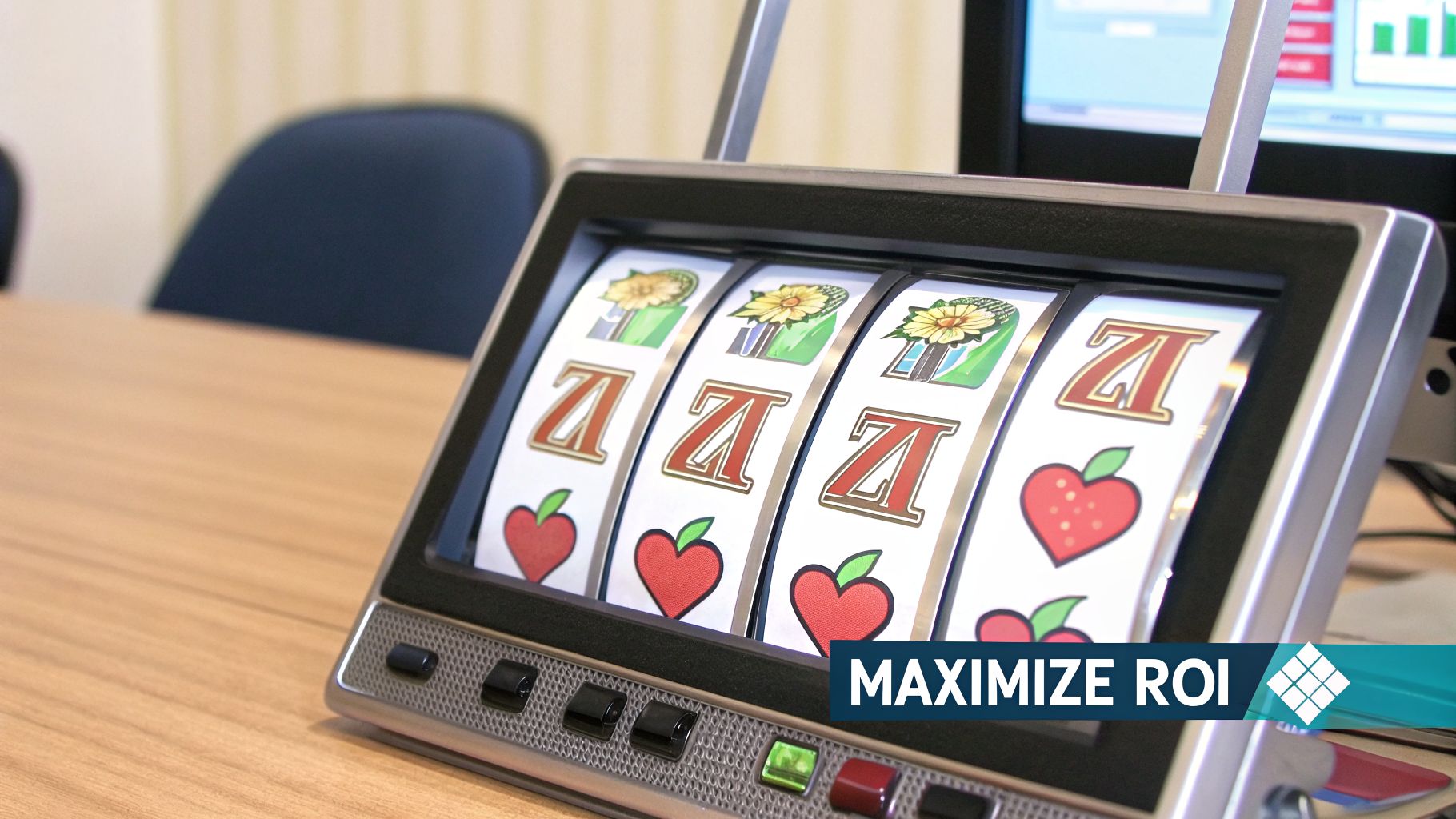 A slot machine with spinning reels displaying sevens, flowers, and hearts on an office desk, with 'MAXIMIZE ROI' text.