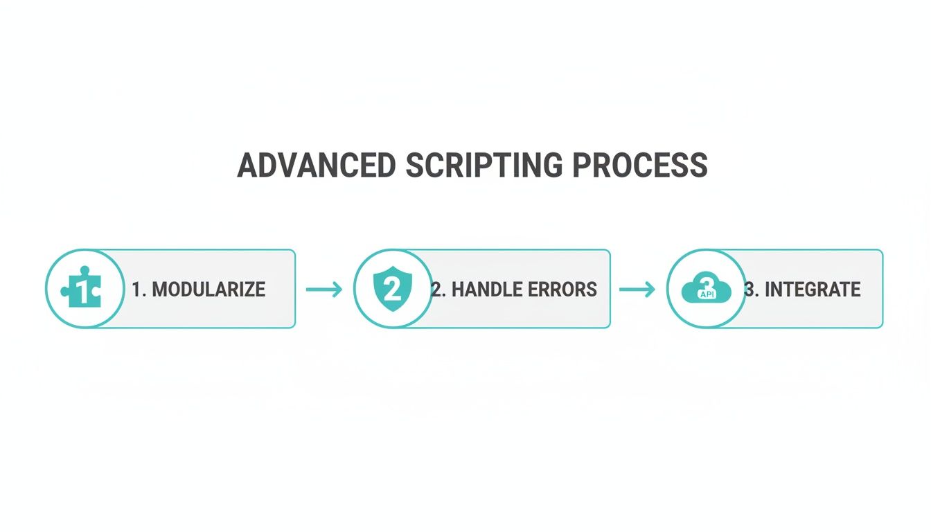 Diagram illustrating a three-step advanced scripting process: Modularize, Handle Errors, and Integrate.