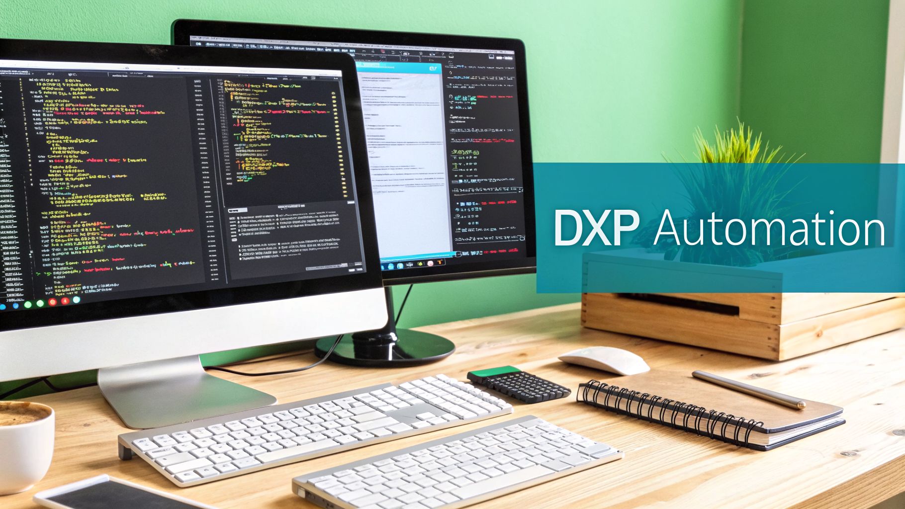 A modern developer's desk with two monitors showing code, keyboards, and office supplies.