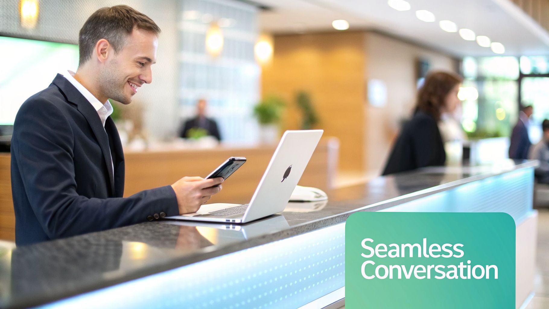 A smiling businessman uses a smartphone and laptop at a modern reception desk in a lobby.
