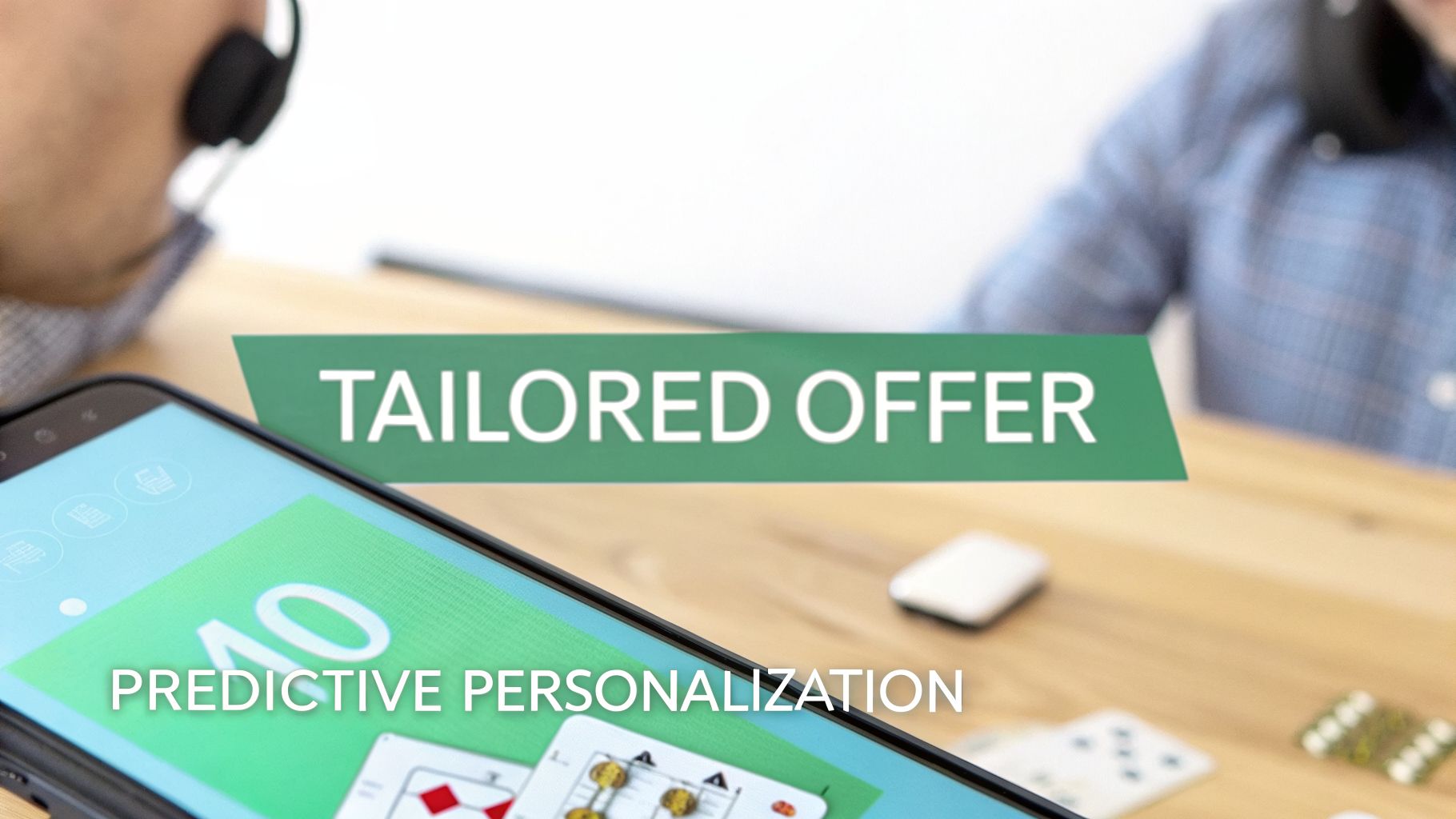 A person with headphones views a smartphone showing a 'Tailored Offer' and 'Predictive Personalization'.