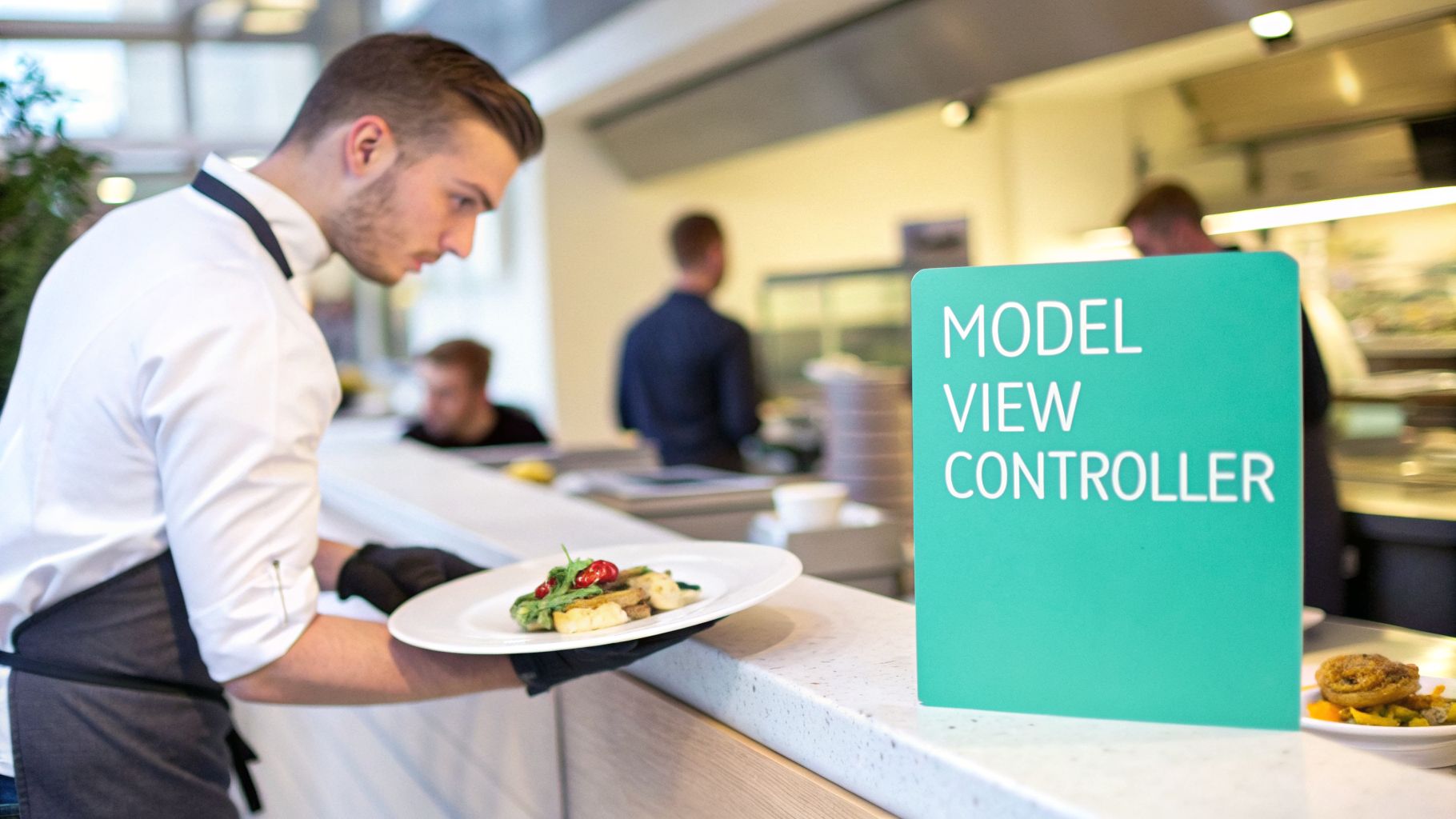 A chef in a white shirt and black gloves serving a meal with a 'MODEL VIEW CONTROLLER' sign.