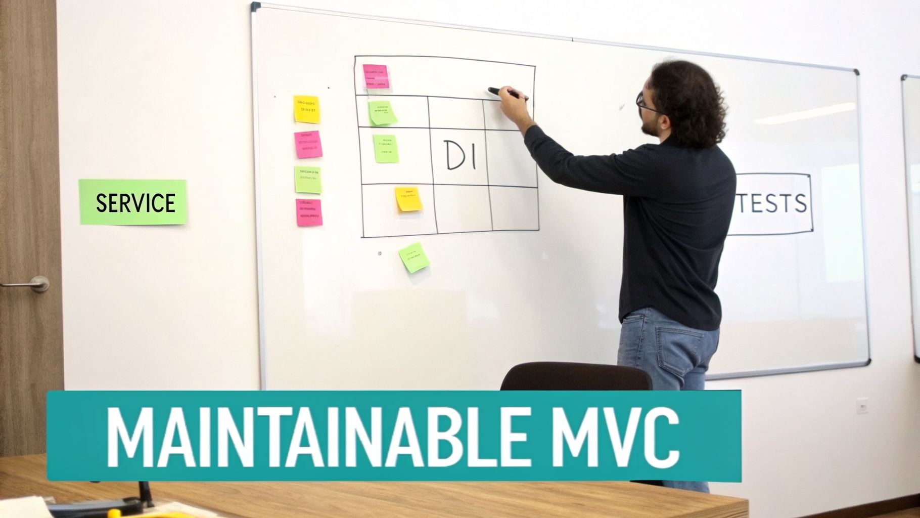 A man writes 'DI' on a whiteboard with sticky notes and a 'MAINTAINABLE MVC' banner.