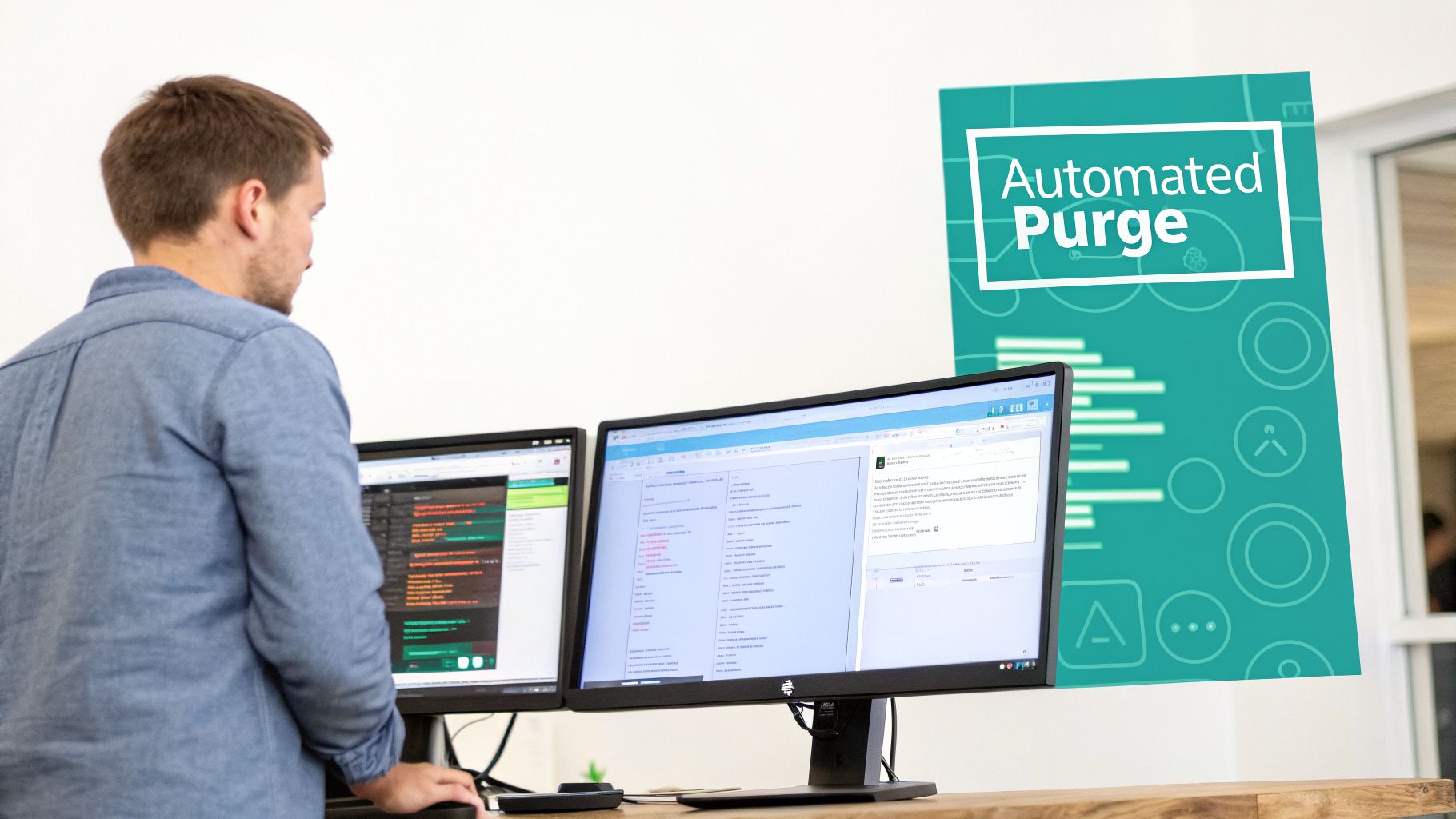 A man views two computer monitors displaying data and code in an office with an 'Automated Purge' banner.