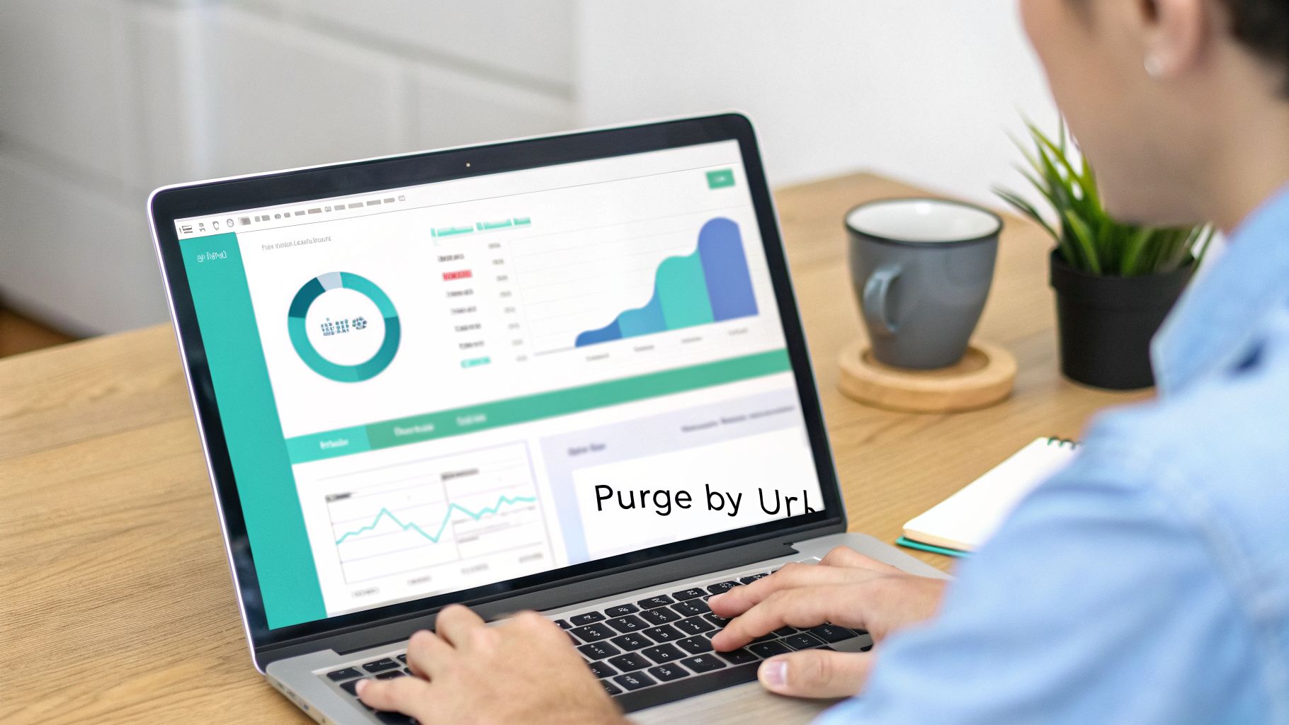 Person typing on a laptop showing data analysis charts and a 'Purge by Url' option on screen.