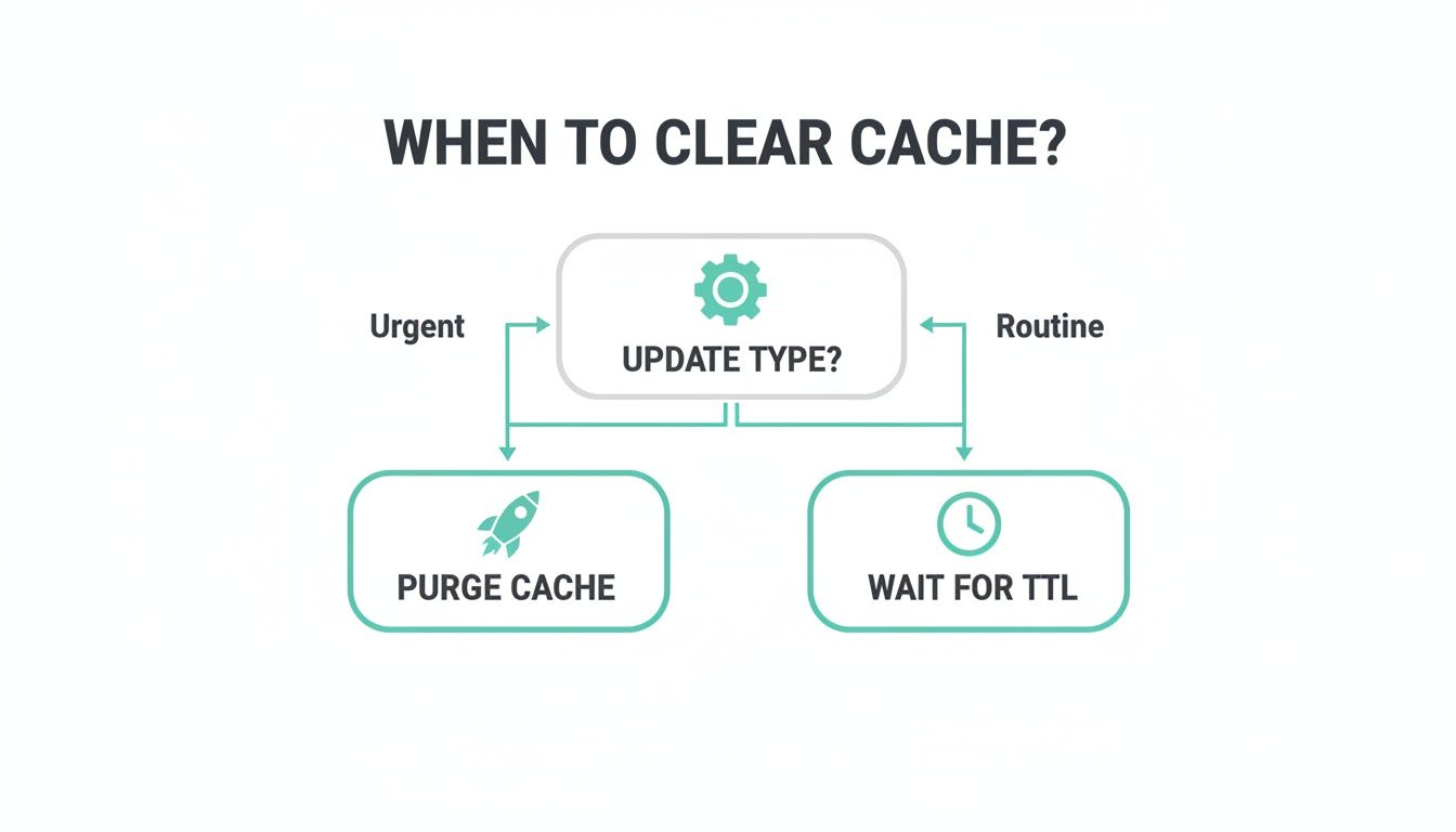 Flowchart illustrating when to clear cache: urgent updates prompt purging, while routine updates await TTL expiration.