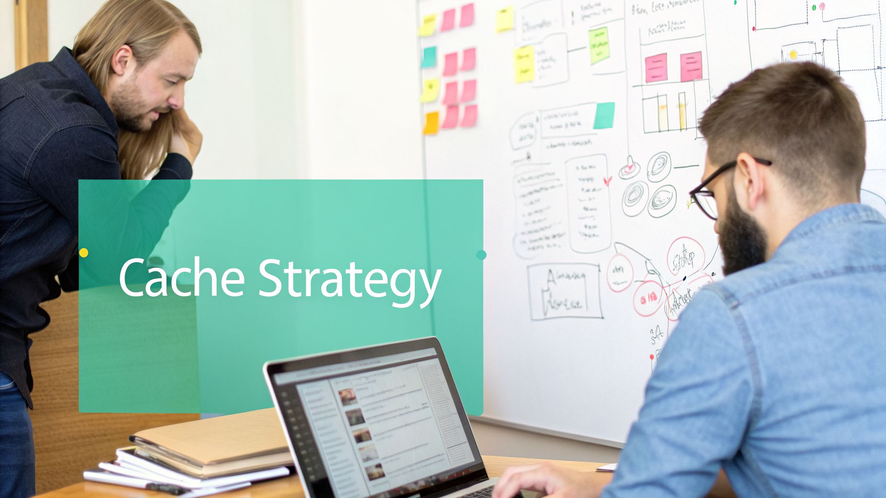 Two men discuss a "Cache Strategy" in an office, one typing on a laptop, the other observing a whiteboard.