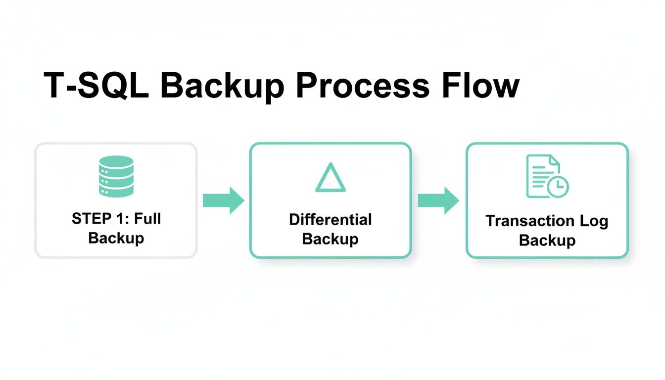 Flowchart illustrating the T-SQL backup process with steps: Full Backup, Differential Backup, and Transaction Log Backup.