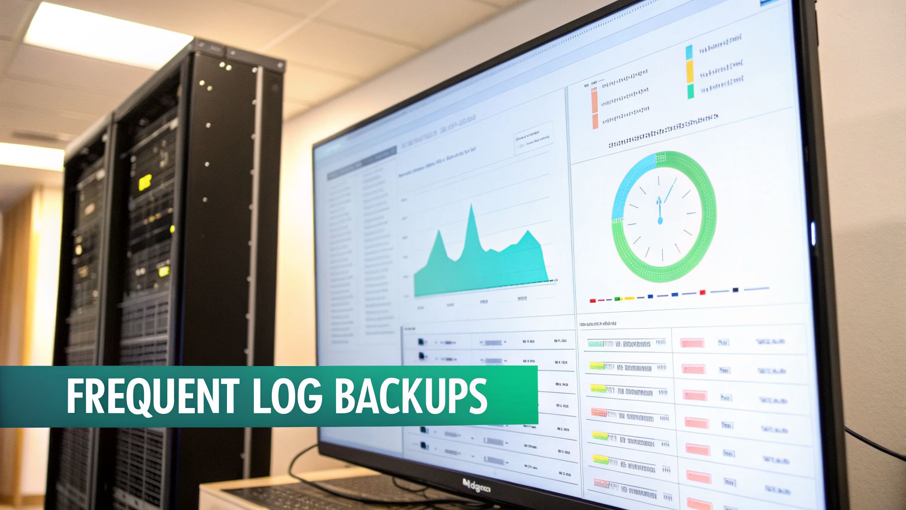 A server room with black server racks and a monitor displaying data, graphs, and 'Frequent Log Backups'.