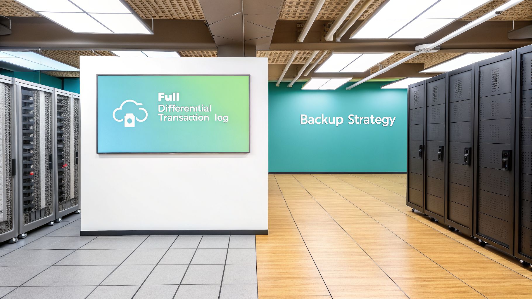 A modern data center with server racks, a screen displaying 'Full Differential Transaction log', and a 'Backup Strategy' wall.