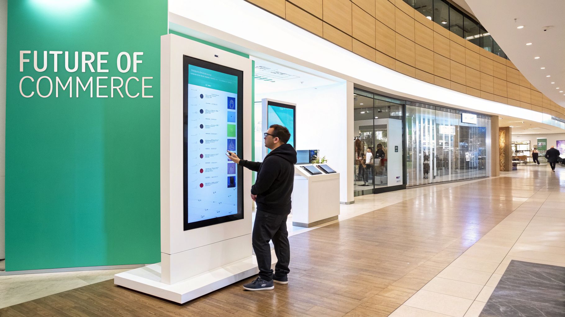 A man interacts with a large digital kiosk in a modern retail mall displaying 'Future of Commerce'.