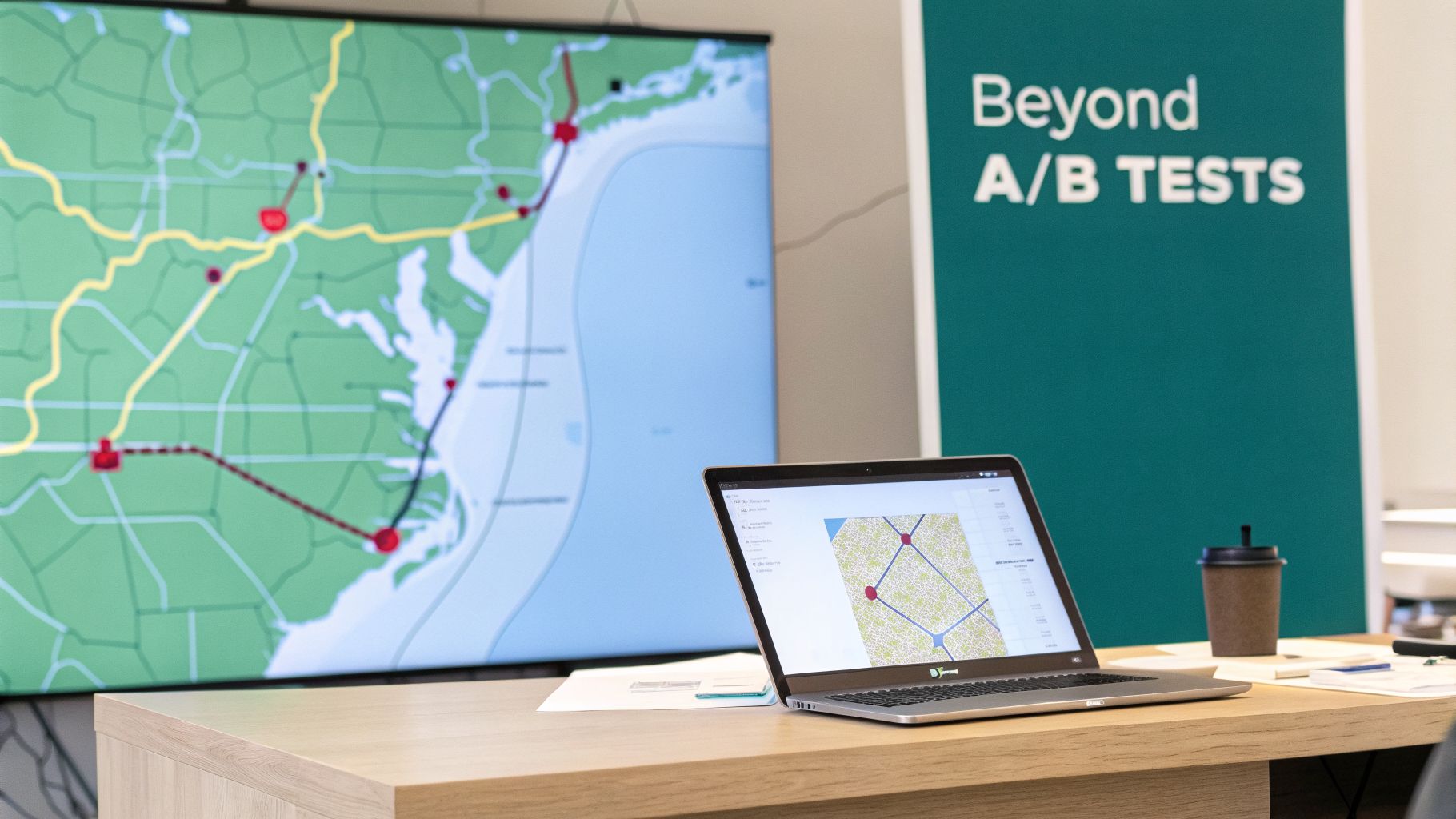 A laptop and large screen display data visualizations and maps on a desk, next to a 'Beyond A/B TESTS' sign.