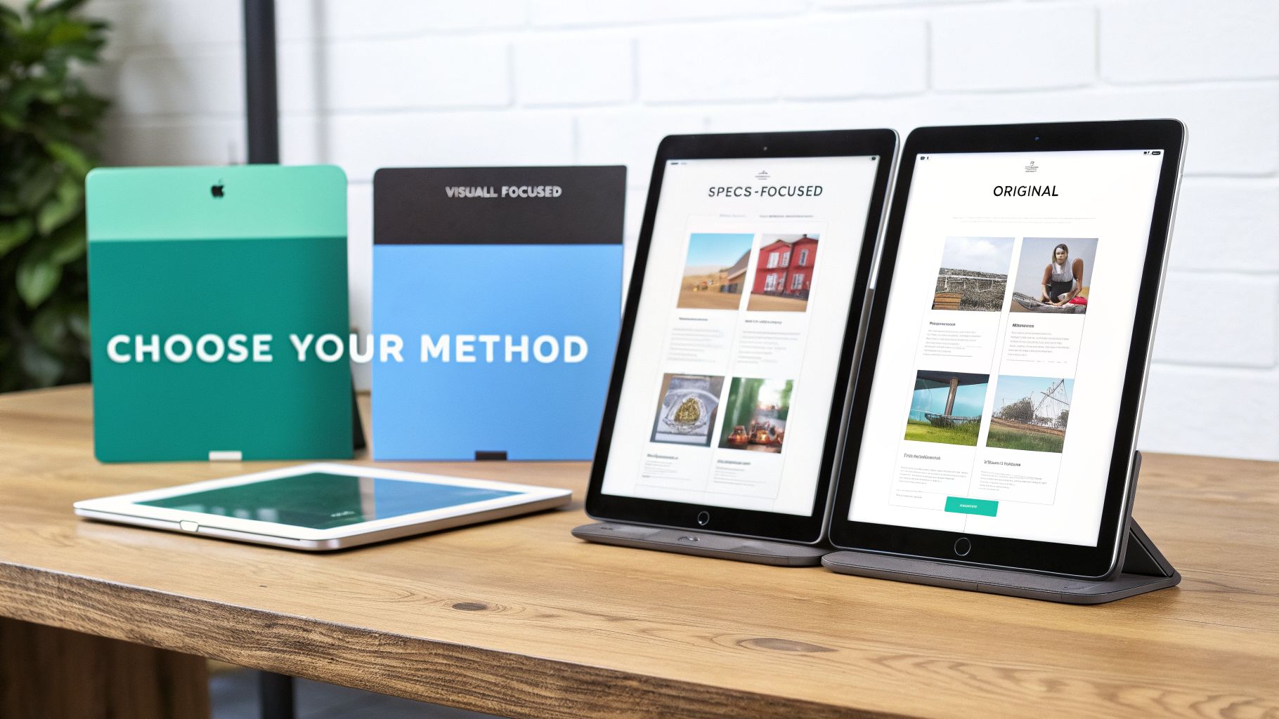 Two tablets display different website layouts, alongside a flat tablet and 'Choose Your Method' signs.