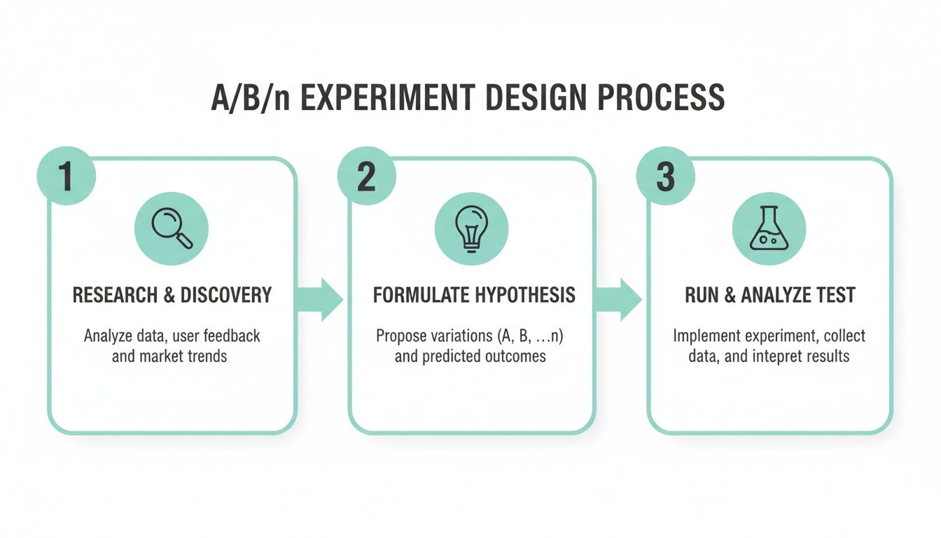 A clear diagram outlining the 3-step A/B/n experiment design process: research, hypothesis, and testing.