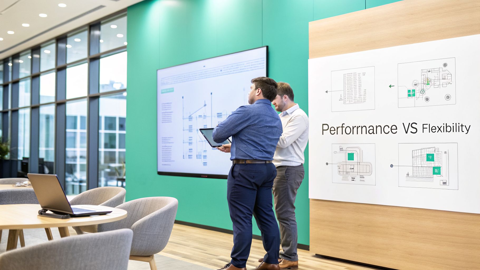 Two professionals analyze data on a large screen during an office meeting, with a presentation board nearby.