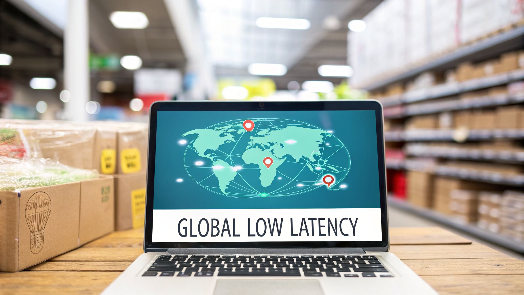 A laptop screen shows a global map with data points and "GLOBAL LOW LATENCY" text in a blurred warehouse environment.