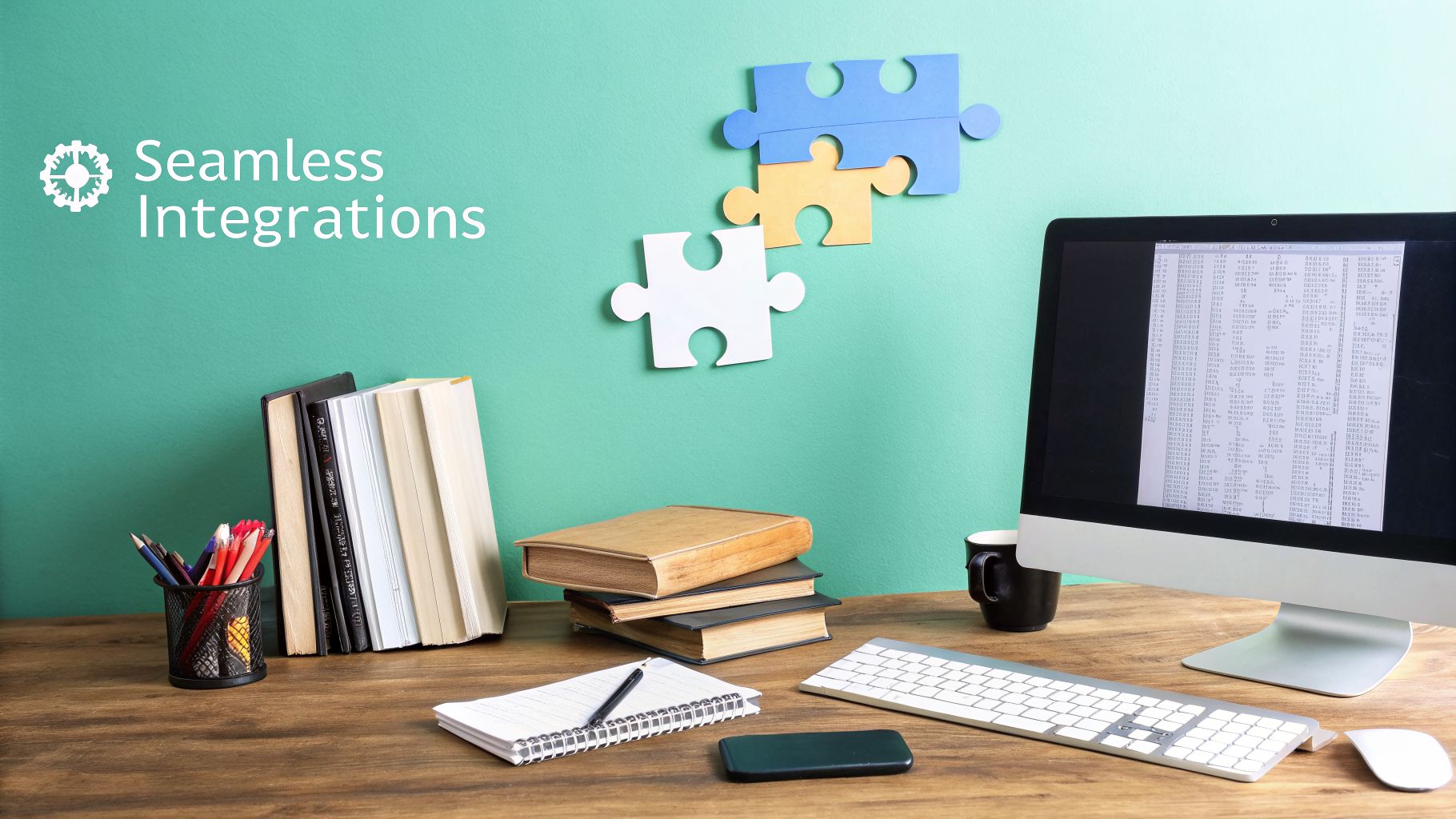 A workspace with a computer, books, coffee, and puzzle pieces on a teal wall, highlighting "Seamless Integrations".