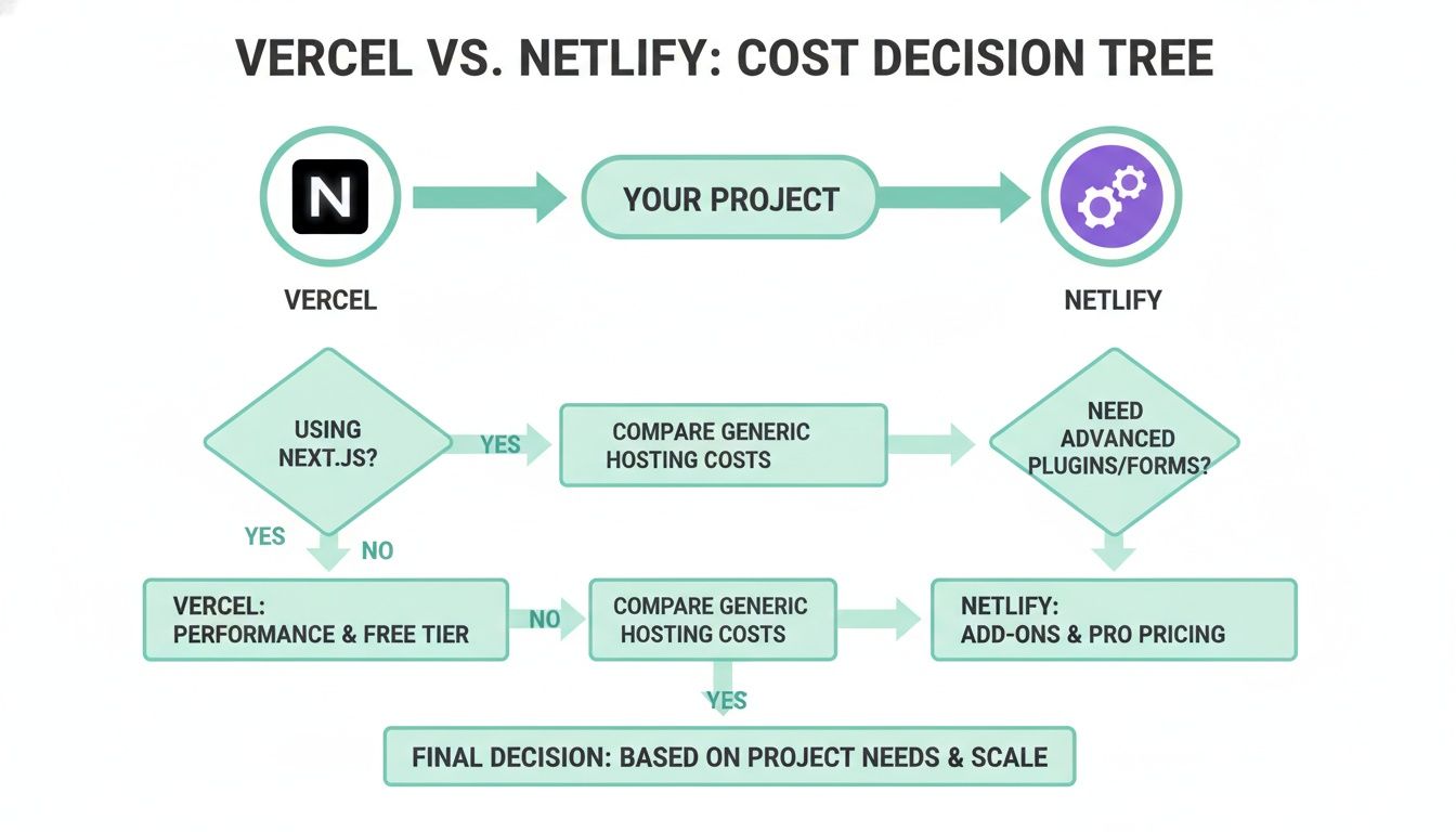 A decision tree flowchart comparing Vercel vs. Netlify hosting costs based on project needs.