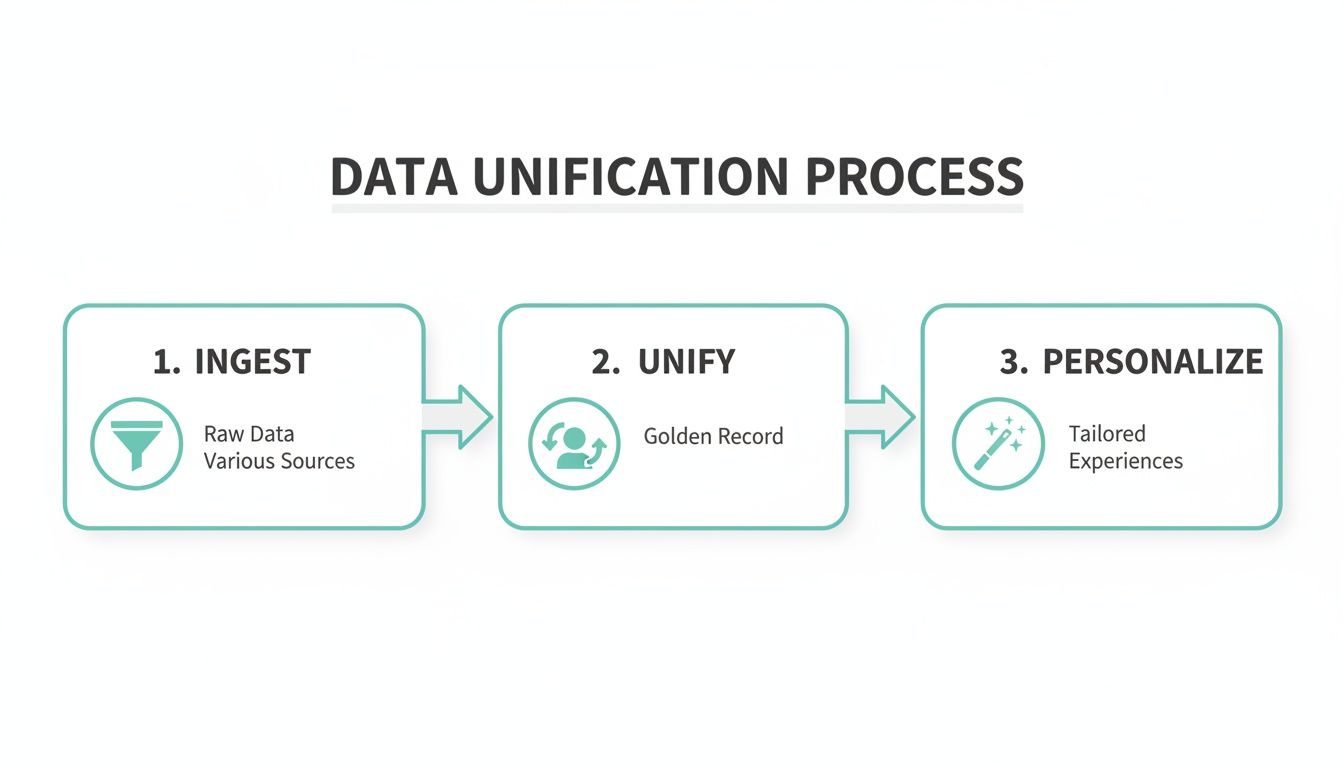 A three-step data unification process: Ingest raw data, Unify into a golden record, and Personalize experiences.