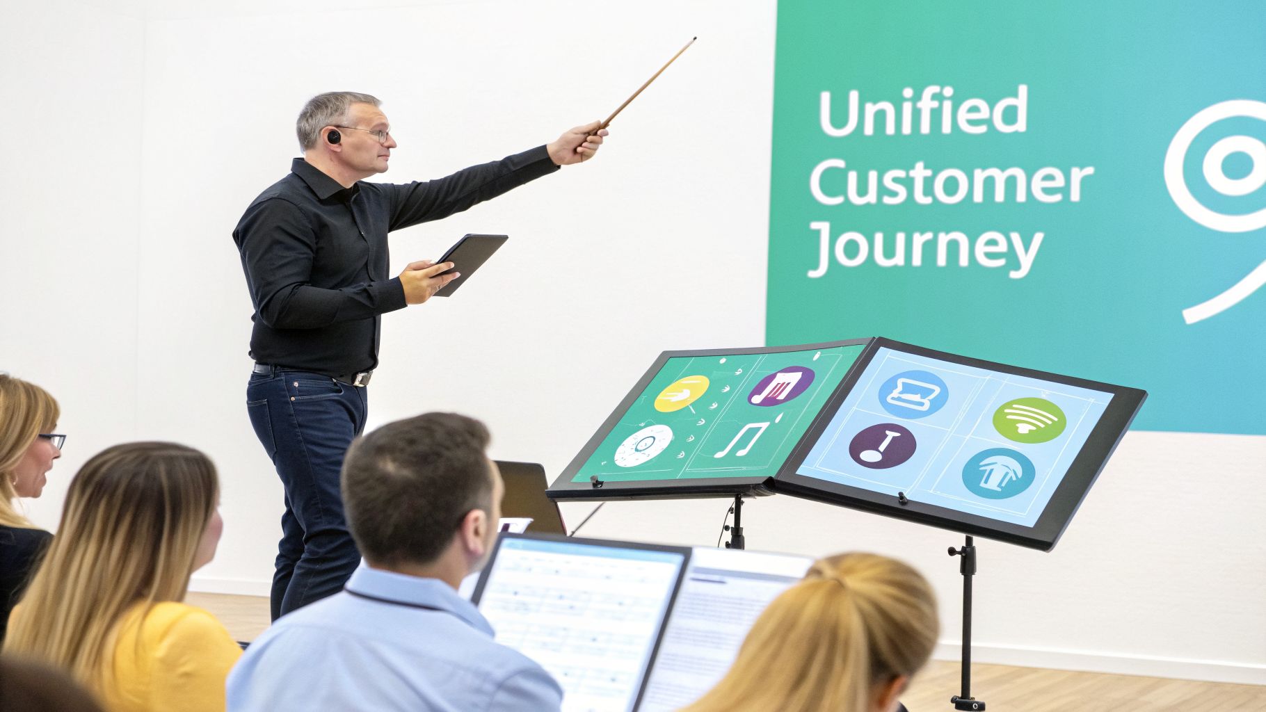 Man presenting a 'Unified Customer Journey' to an audience with digital screens.
