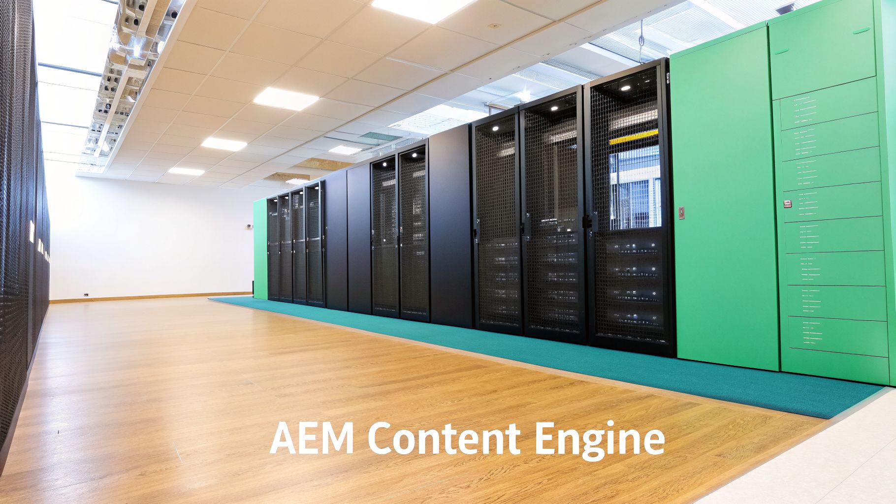 A modern data center with rows of black server racks and green cabinets on a wooden floor.