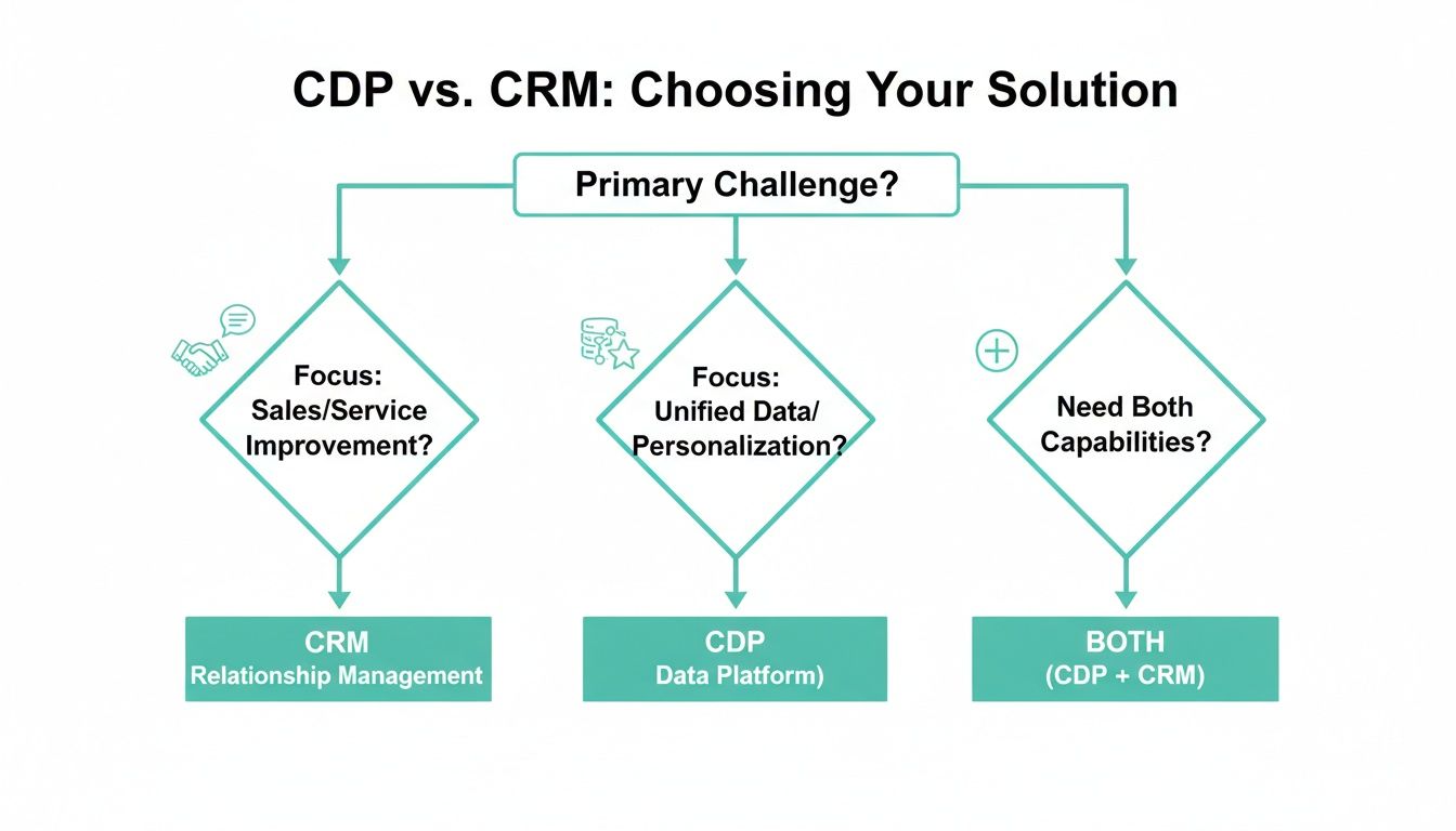 Flowchart comparing CDP and CRM solutions based on primary business challenges and needs.