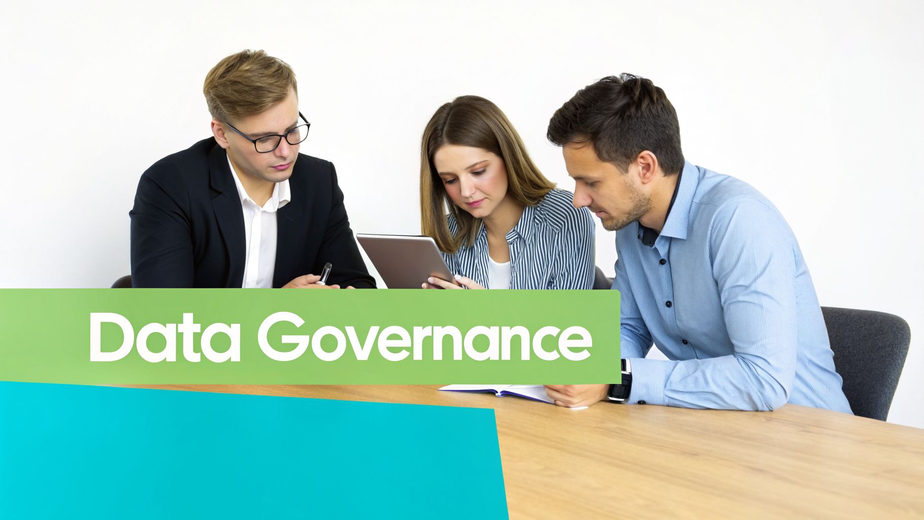 Three professionals discuss data governance, reviewing information on a tablet and in a notebook.