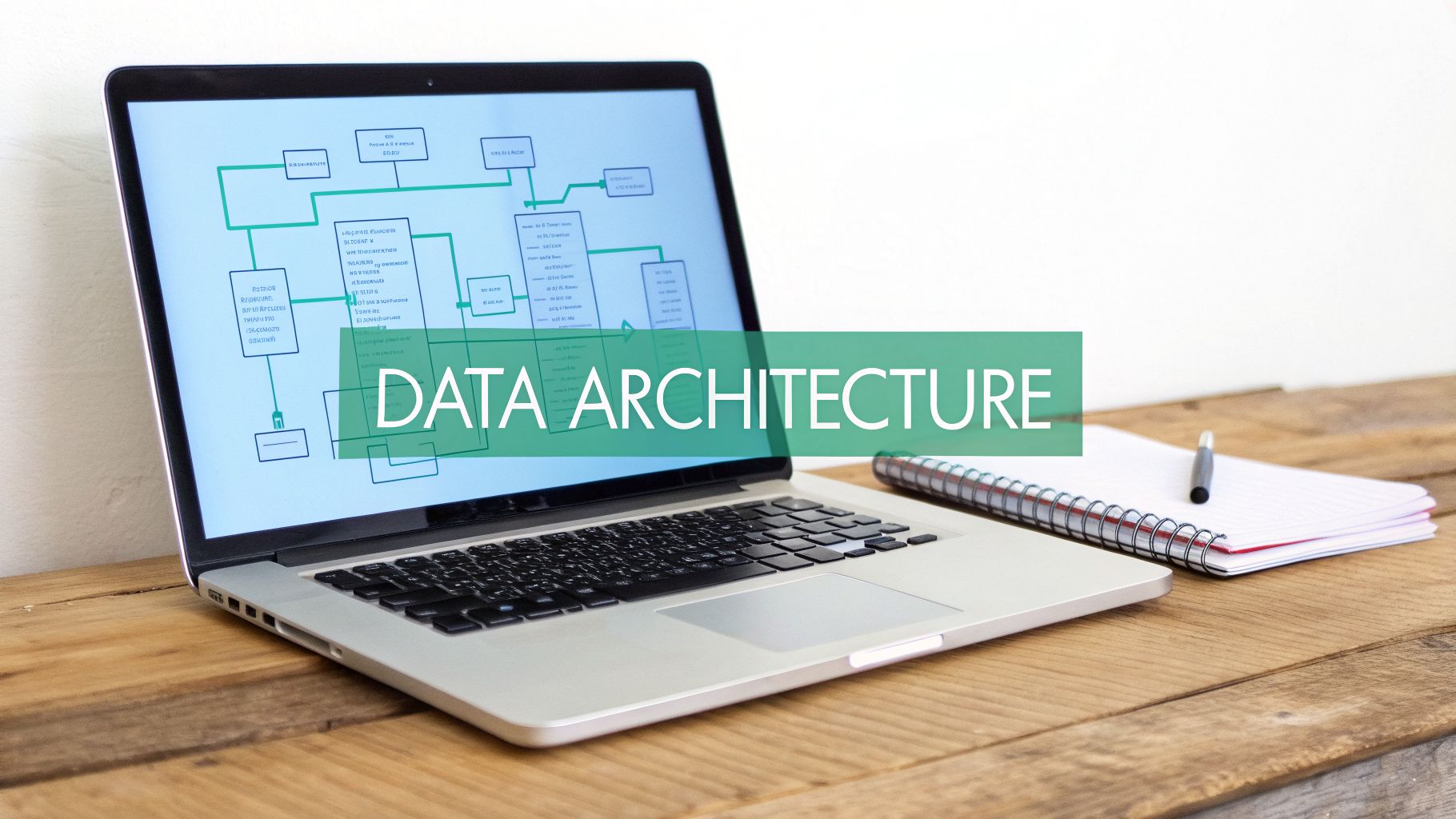 Laptop displaying a data architecture diagram, with a notebook and pen on a wooden desk.