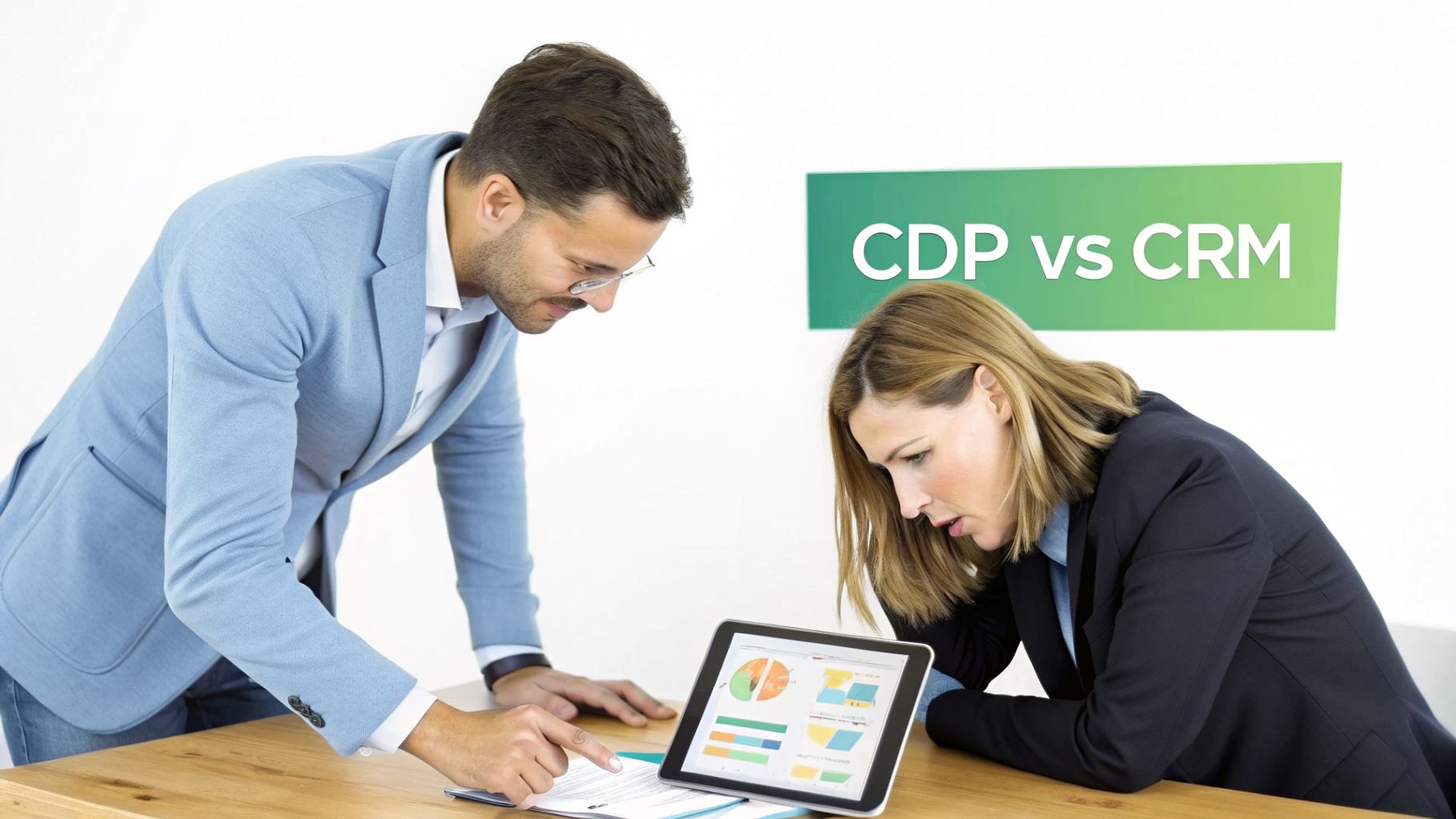 Two business professionals analyzing data on a tablet and papers, with a 'CDP vs CRM' sign.