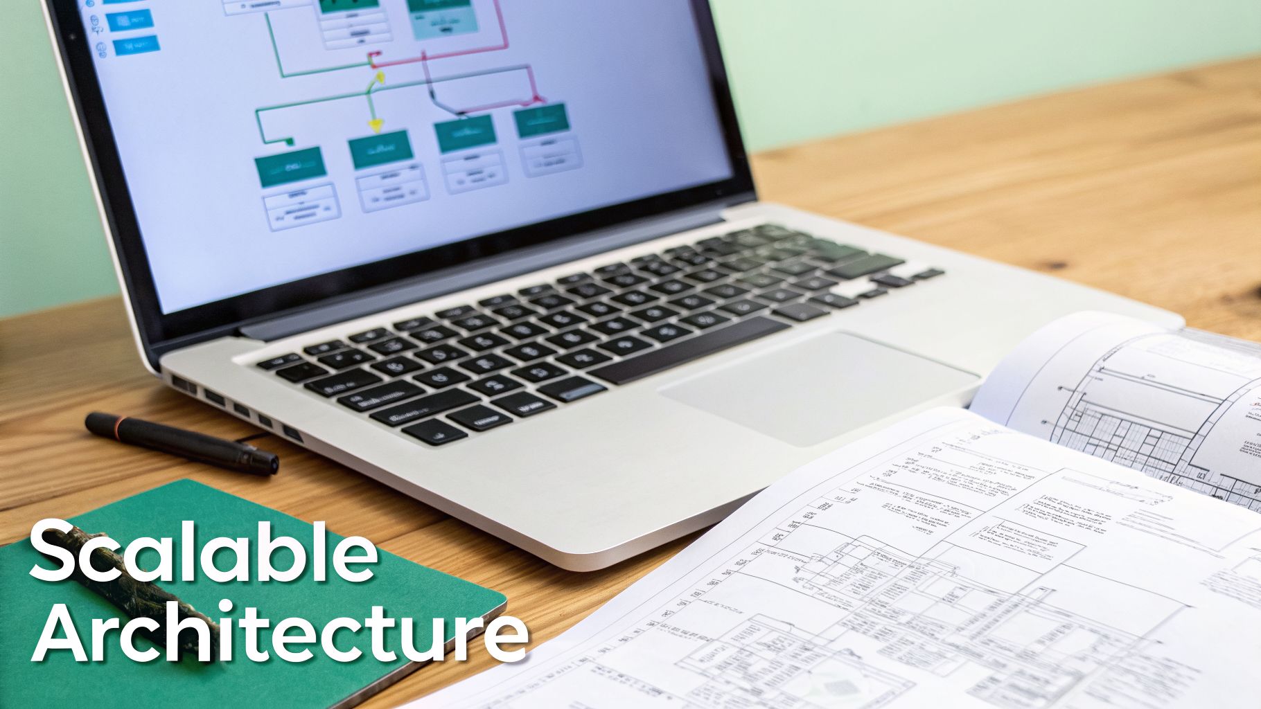 A laptop displaying system architecture diagrams, a notebook, pen, and blueprints on a wooden desk.