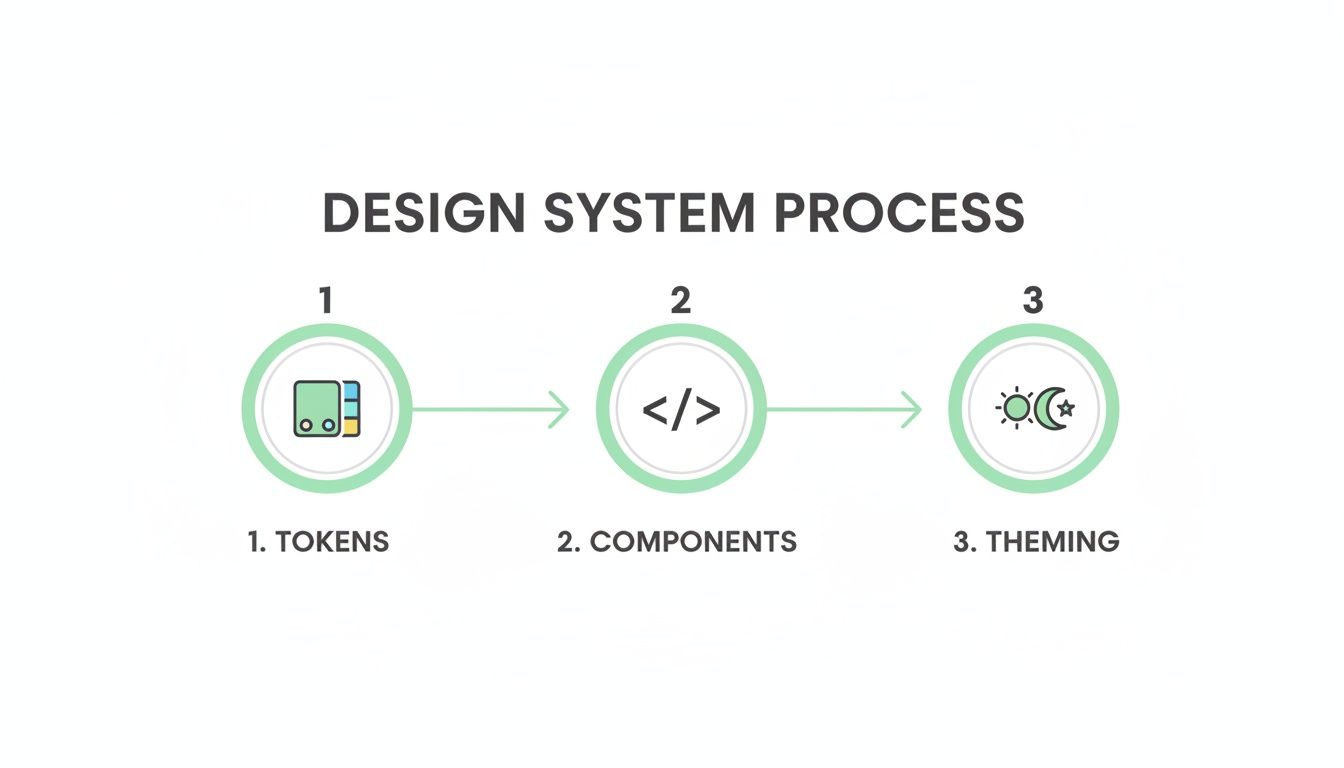 A flowchart diagram illustrating the three-step design system process: tokens, components, and theming.